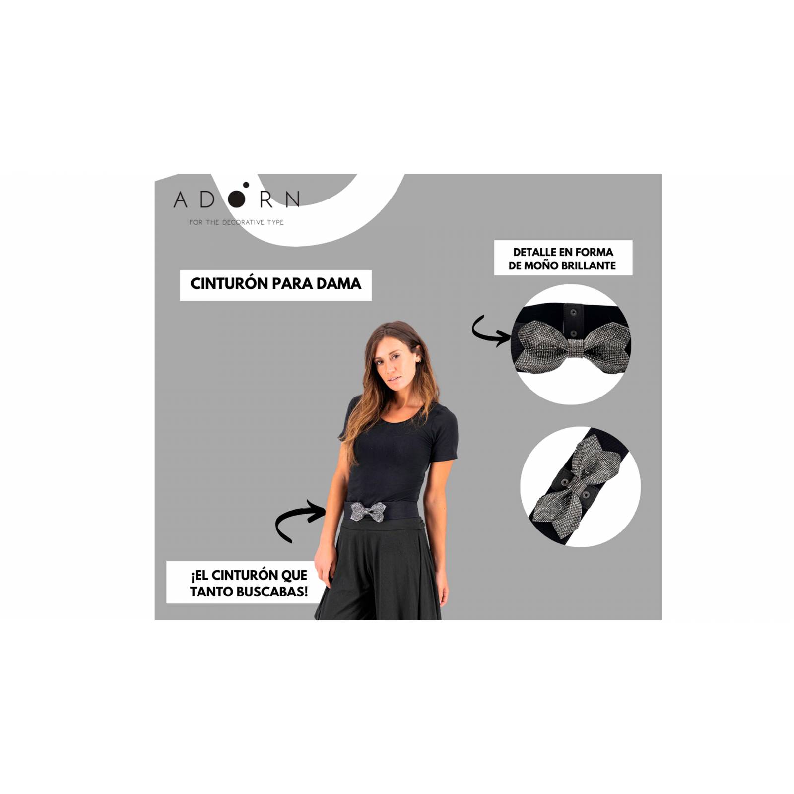 ADORN, Cinturón elástico para mujer, diseño en moño con pedrería, color negro.