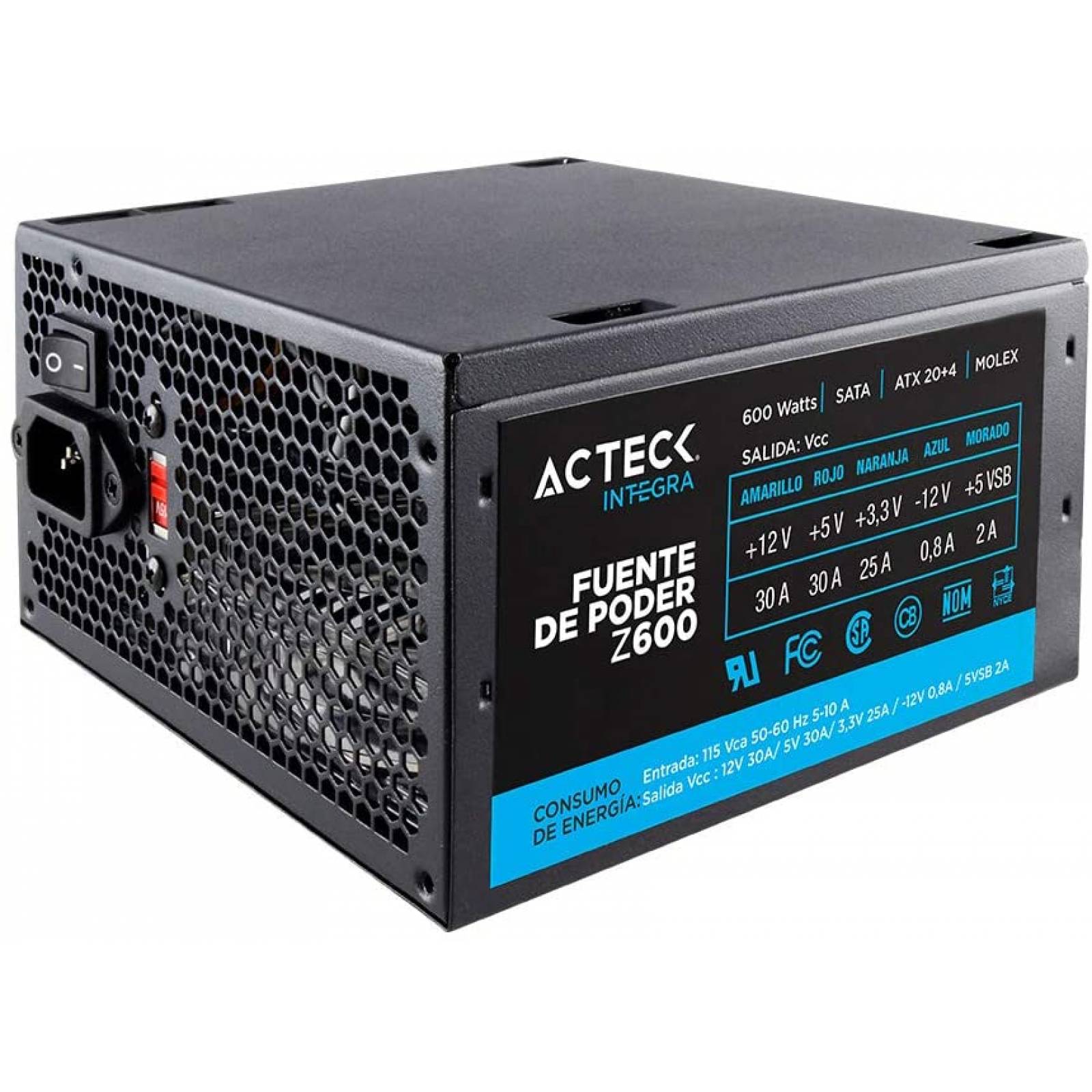 FUENTE DE PODER ACTECK FACTOR ATX 600 W 20 4 PINES 3 SATA 2 MOLEX PCI E 6 2 VENTILADOR 12CM MODELO Z 600