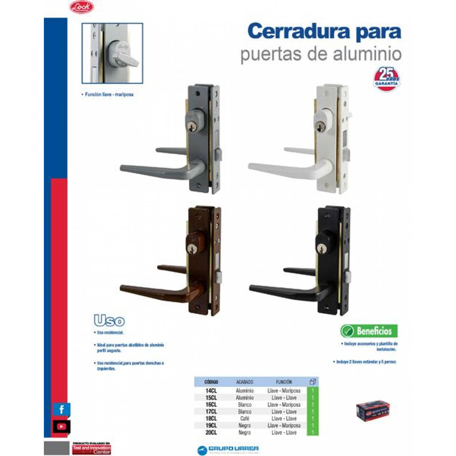 Cerradura clásica para puerta de aluminio función encilla, gris, llave estándar Lock 
