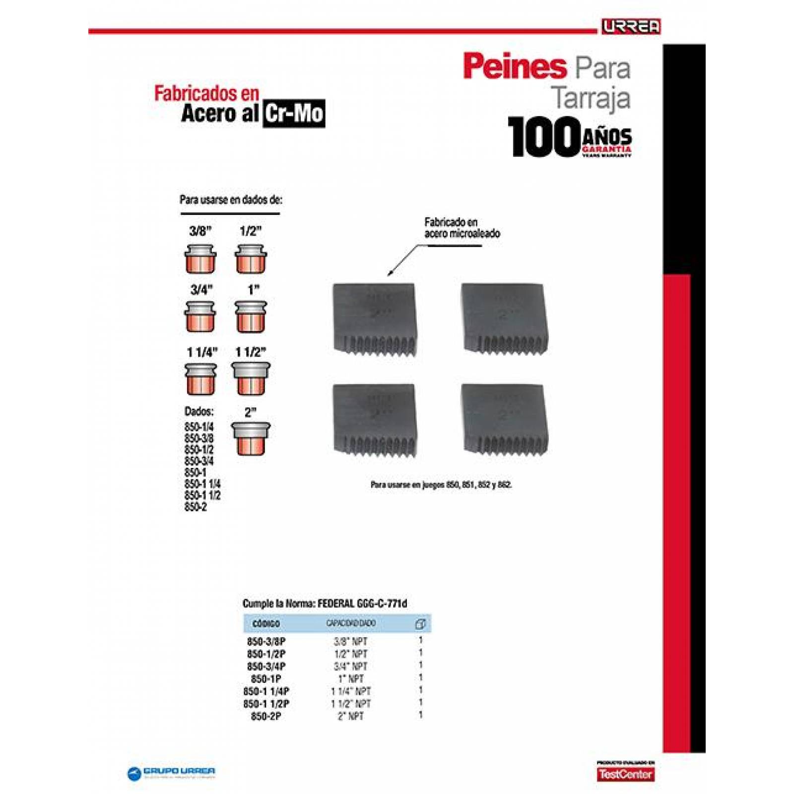 Juego de peines para tarraja 1 1/2"NPT 