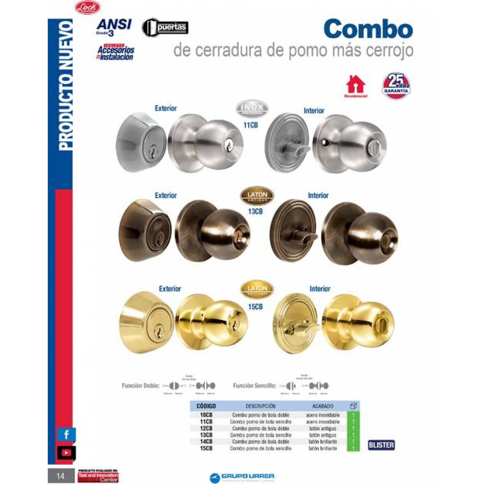 Combo pomo bola y cerrojo doble tubular latón brillante 