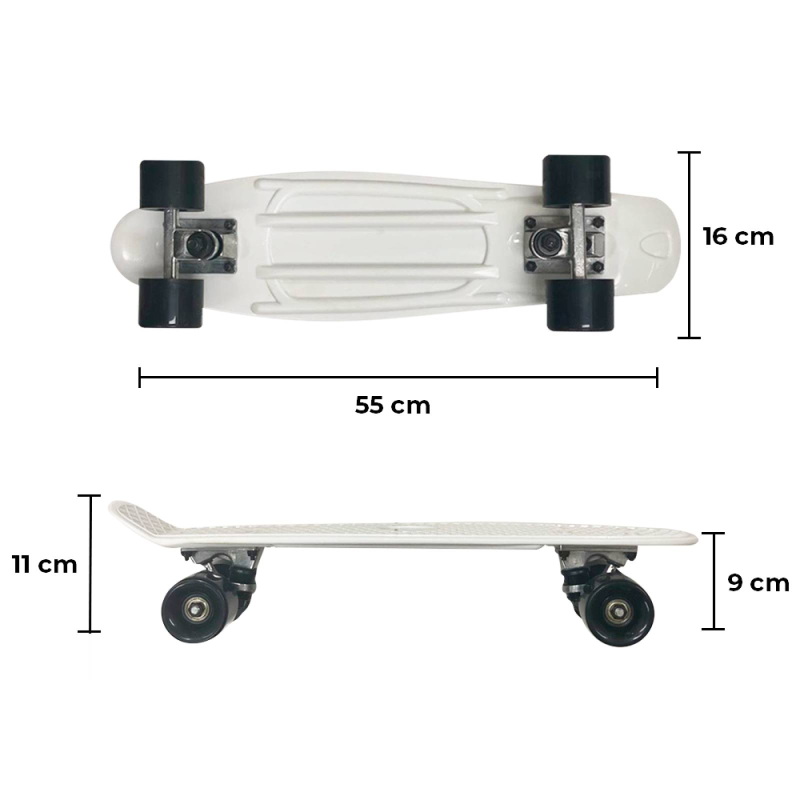 Patineta Skate Penny Clásica Blanca Llantas Negras Caras Lisas Poliuretano