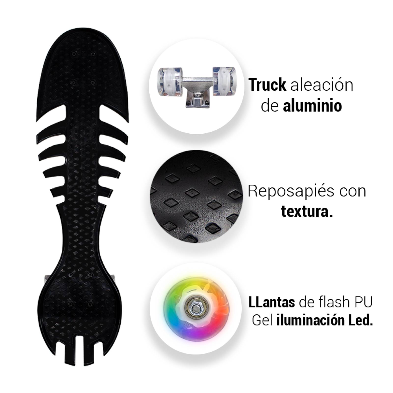 Patineta Skate Waveboard Negro Poliuretano Alta Resistencia 4 Llantas Gel Luz Led