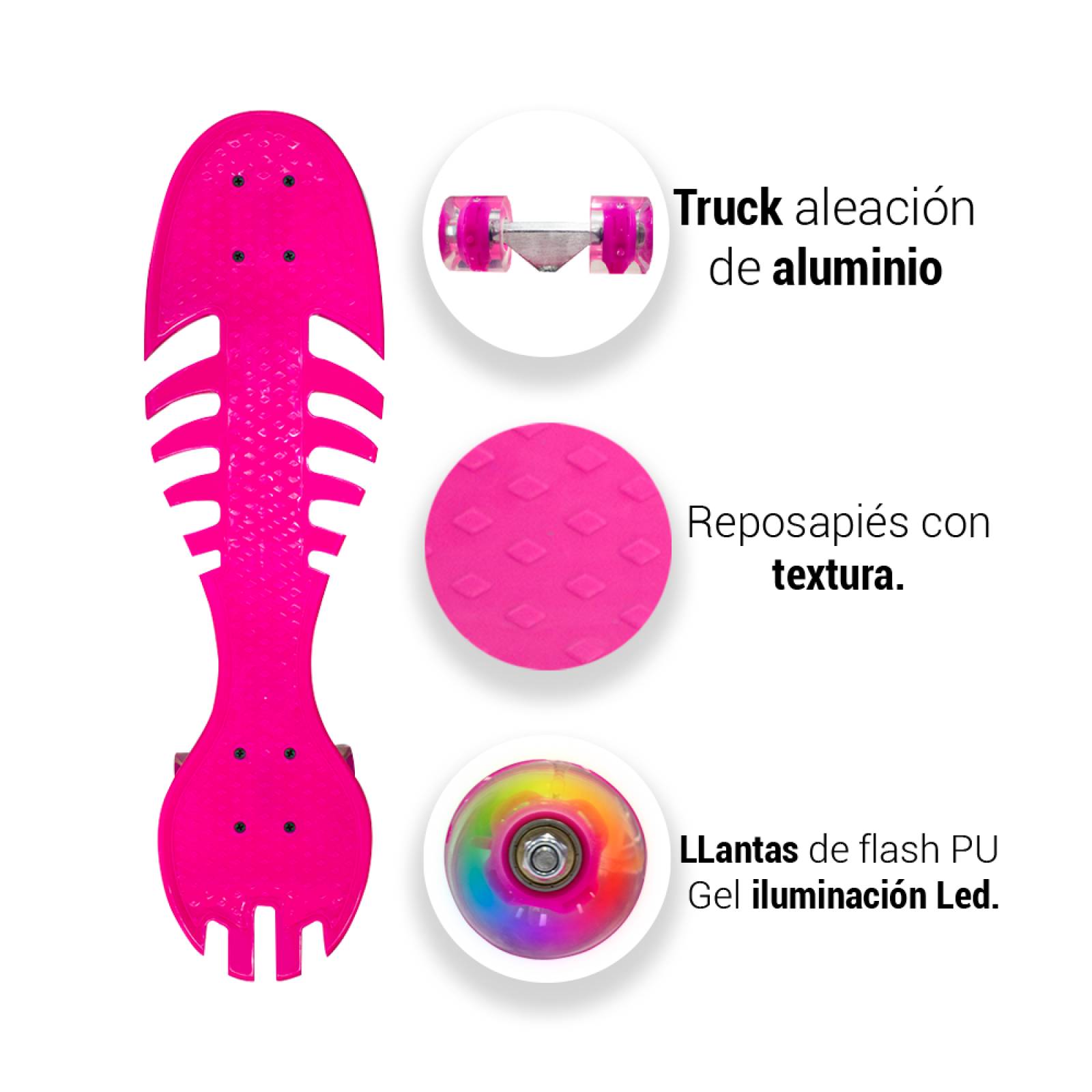 Patineta Skate Waveboard Rosa Poliuretano Alta Resistencia 4 Llantas Gel Luz Led