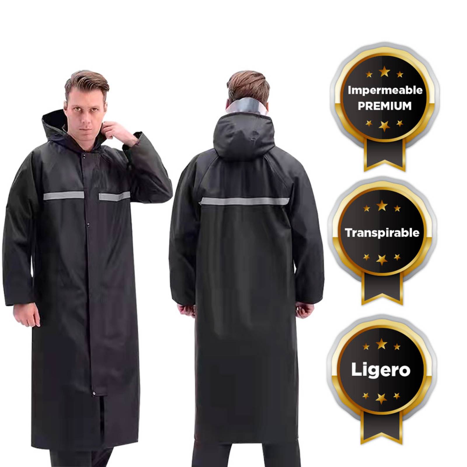 Impermeable Gabardina Negro Para Adulto Chamarra Chaqueta con Gorro con Visor