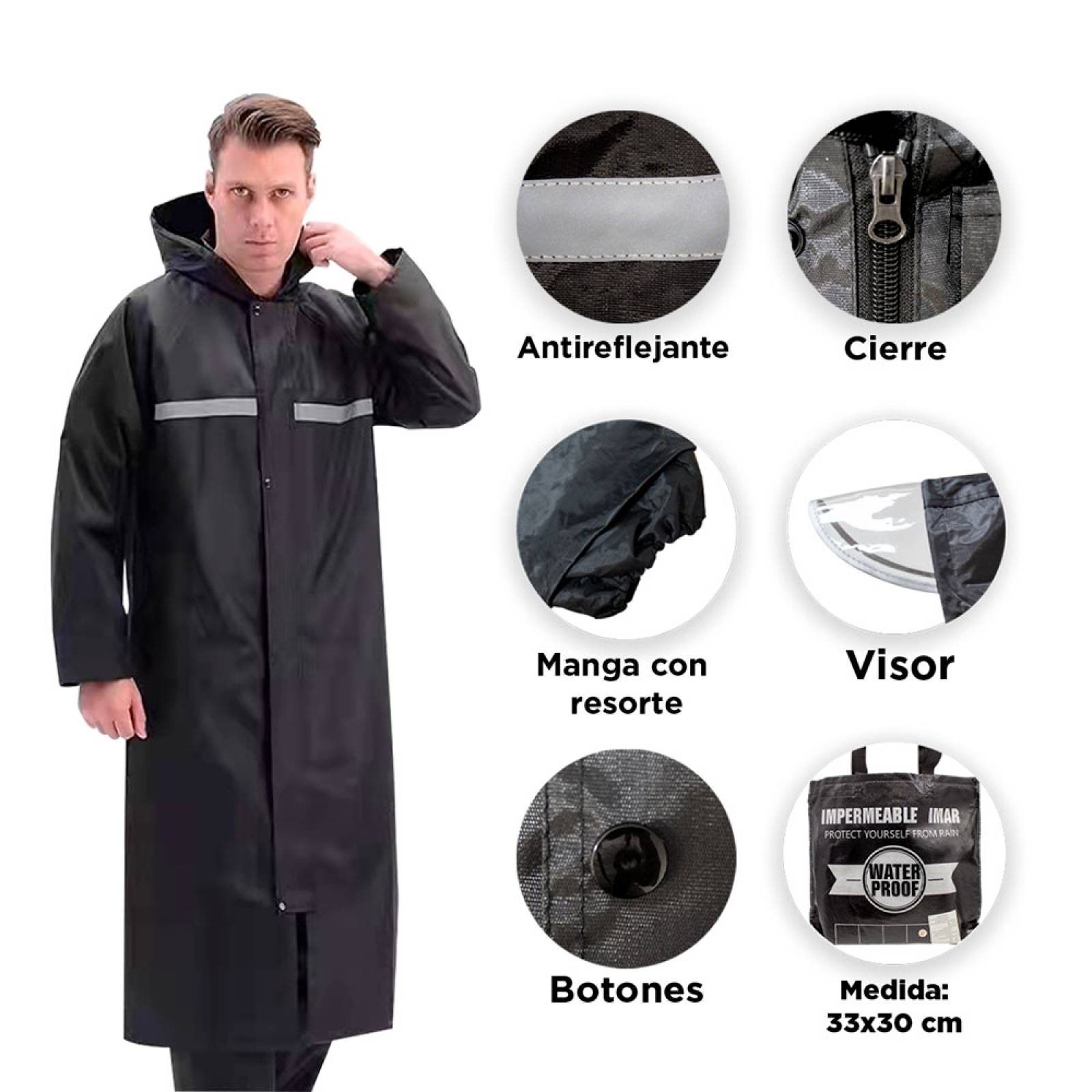 Impermeable Gabardina Negro Para Adulto Chamarra Chaqueta con Gorro con Visor
