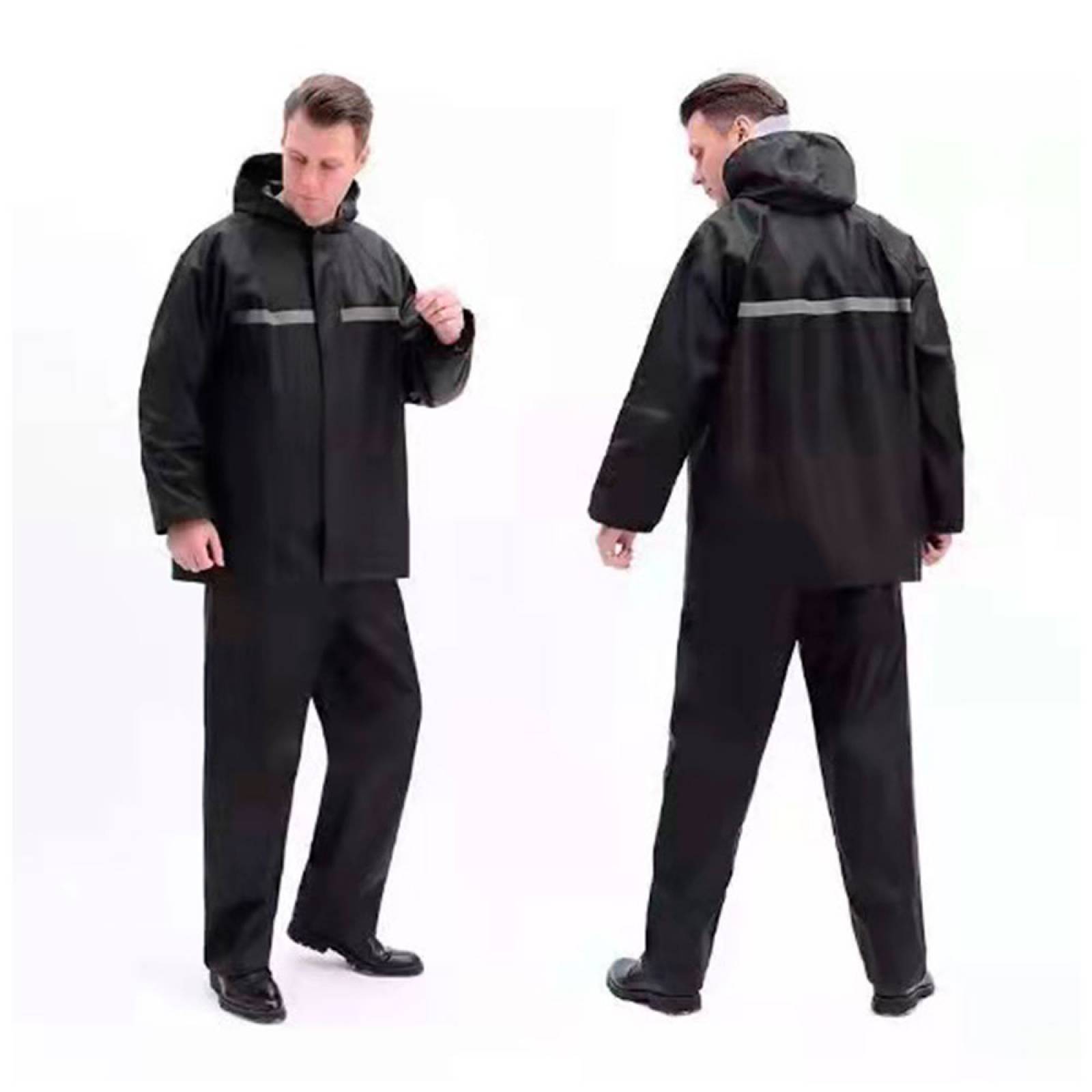 Traje Impermeable Negro con Gorro  Para Adulto 2 PZAS  con Reflejante Pantalon Y Chamarra Para Motociclista.