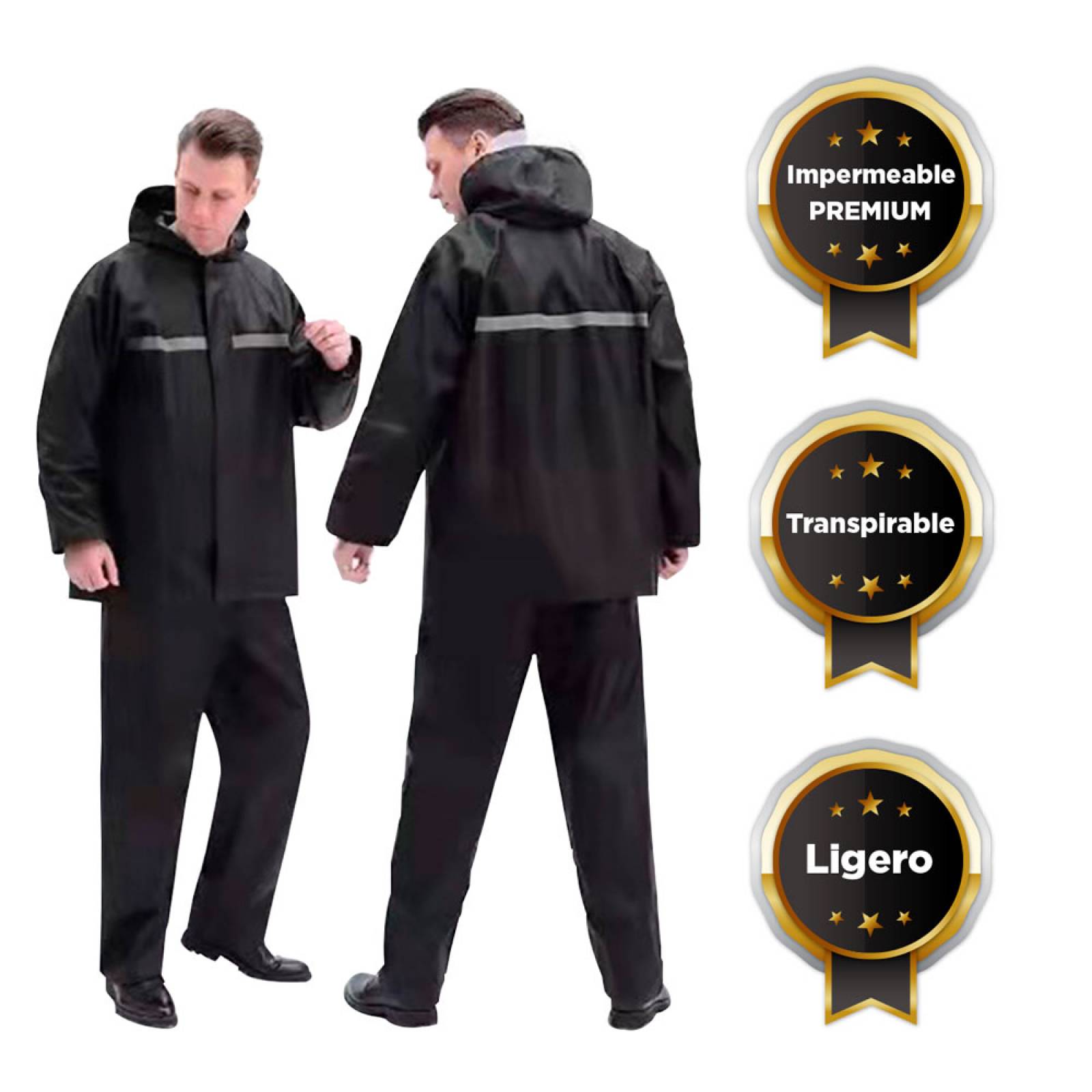 Traje Impermeable Negro con Gorro  Para Adulto 2 PZAS  con Reflejante Pantalon Y Chamarra Para Motociclista.