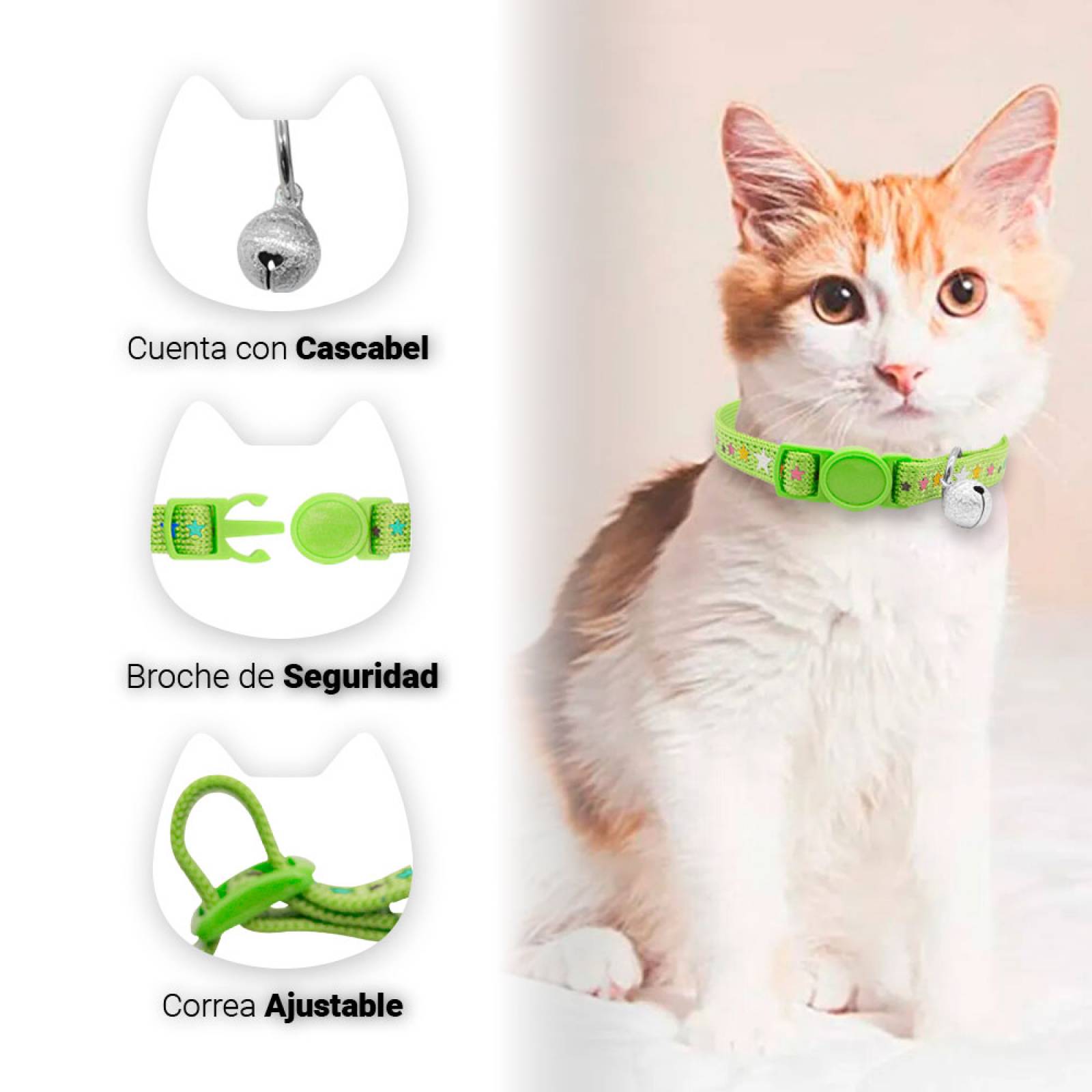 Collar Para Gato Ajustable Con Cascabel De Colores Accesorio de Mascotas Pe 6 Pzas