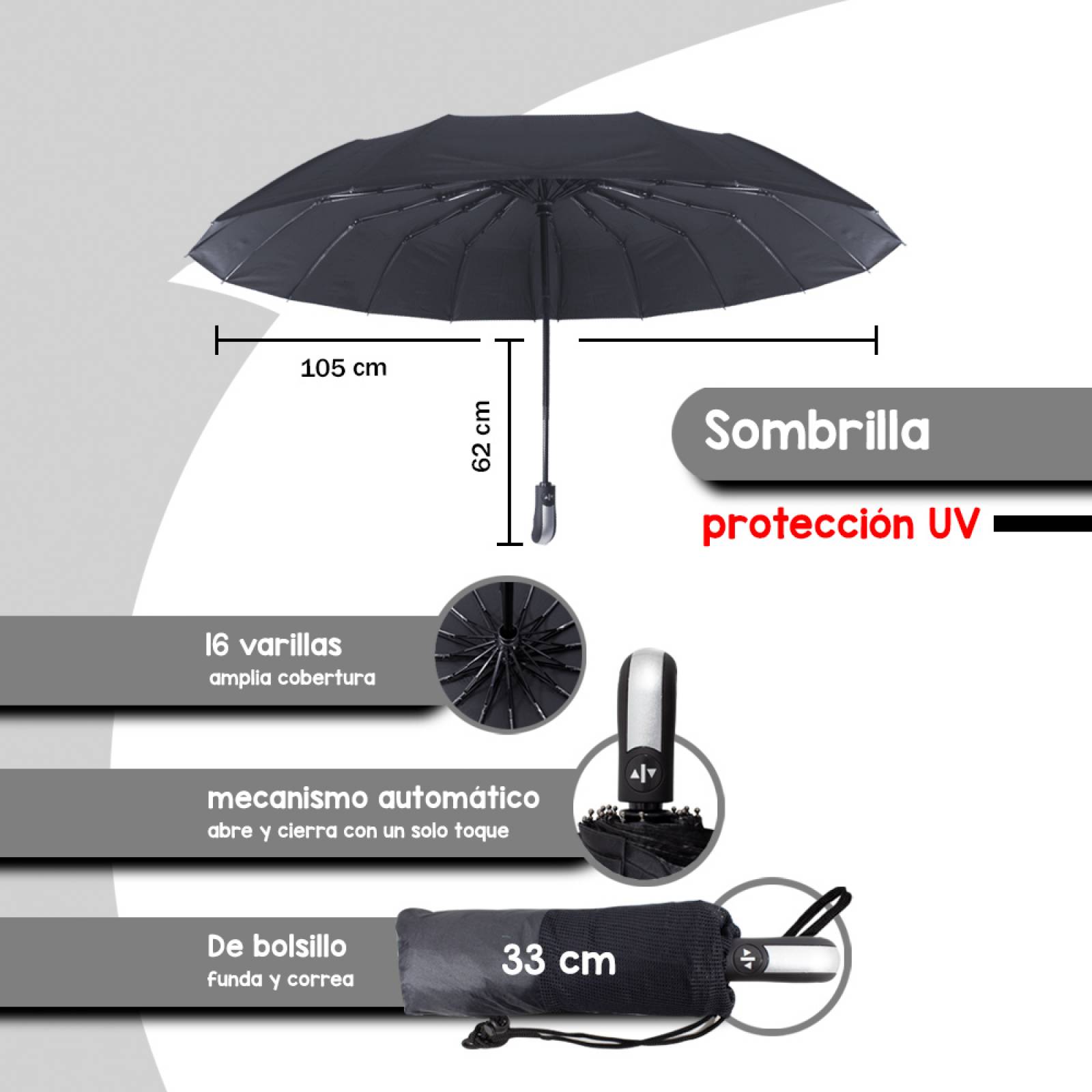 Paraguas Sombrilla Automática De Bolsillo Negro Importadora La Merced