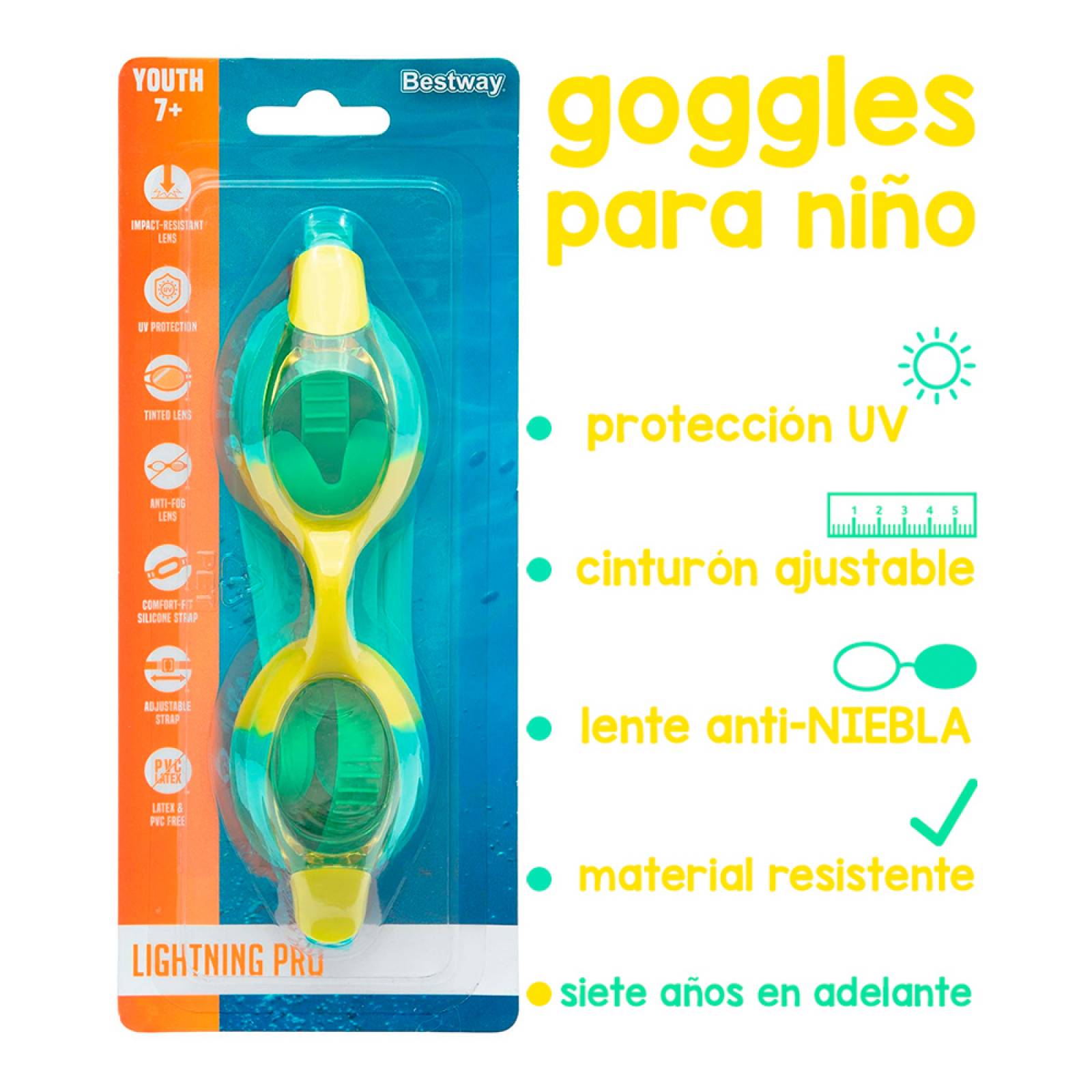 Goggles Infantiles De Colores 3 Piezas Natación 7 A 14 Años