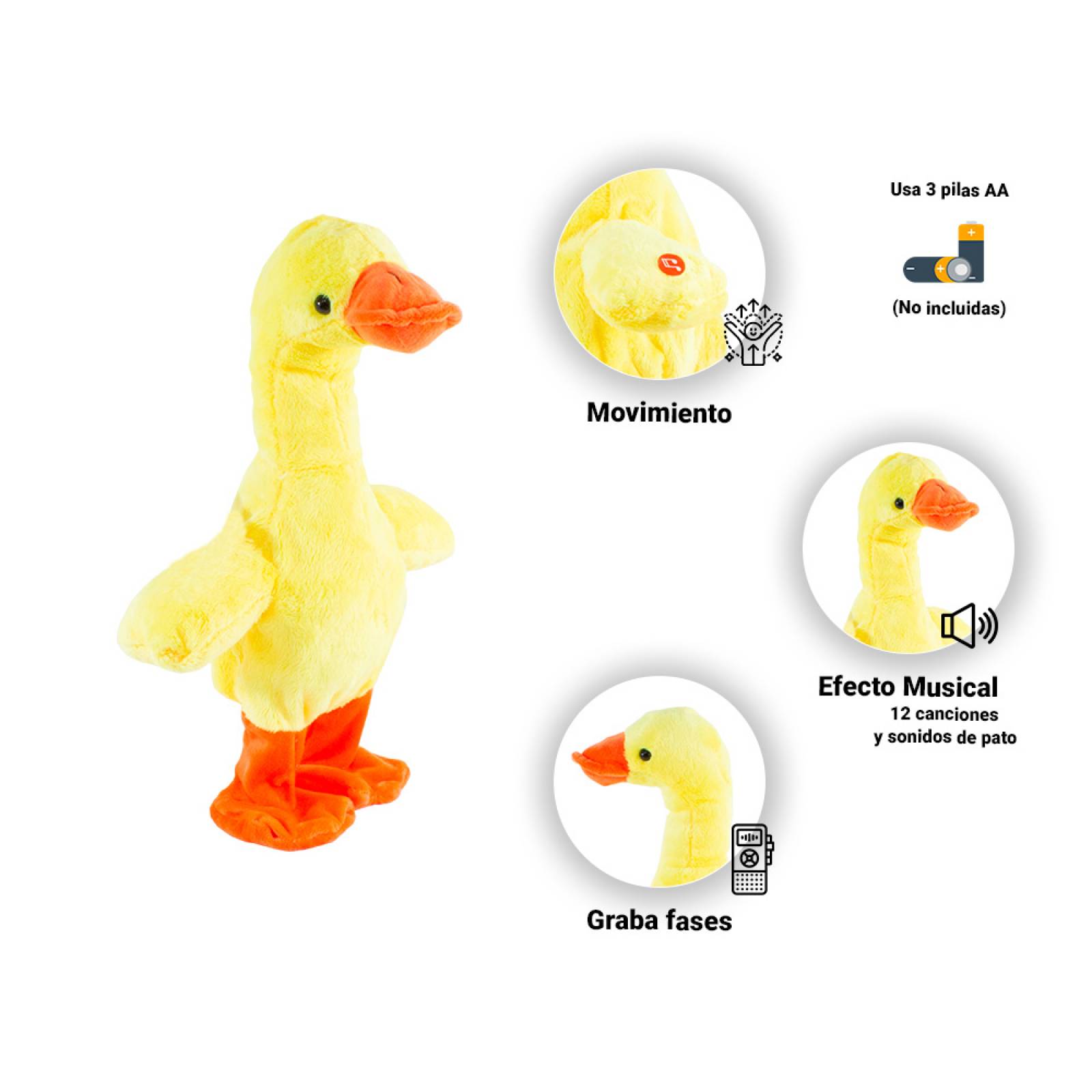 Pato Peluche De Juguete Musical Imita Sonidos Grabador