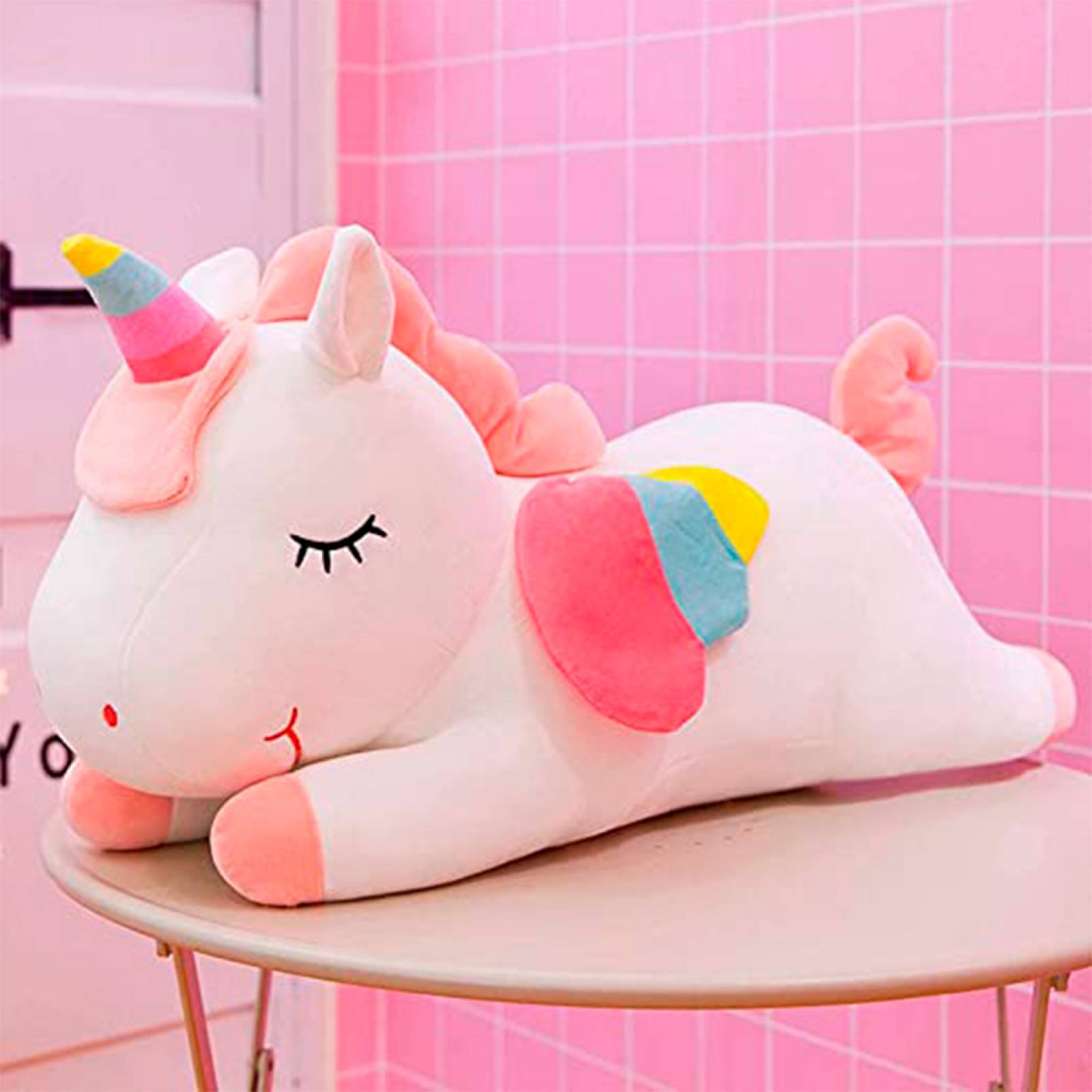 Unicornio De Peluche Grande Acostado Con Alas Arcoiris 50 Cm