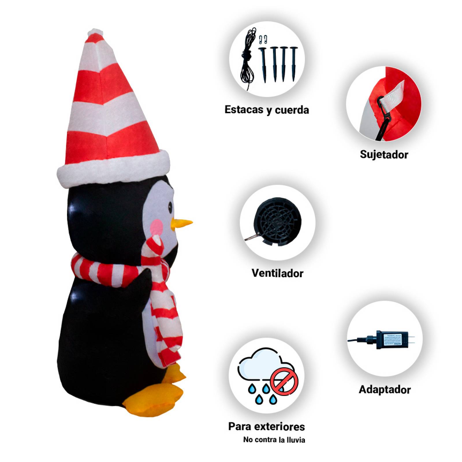 Inflable Navideño Pinguino Con Bufanda Luz Led 1.20 Mts