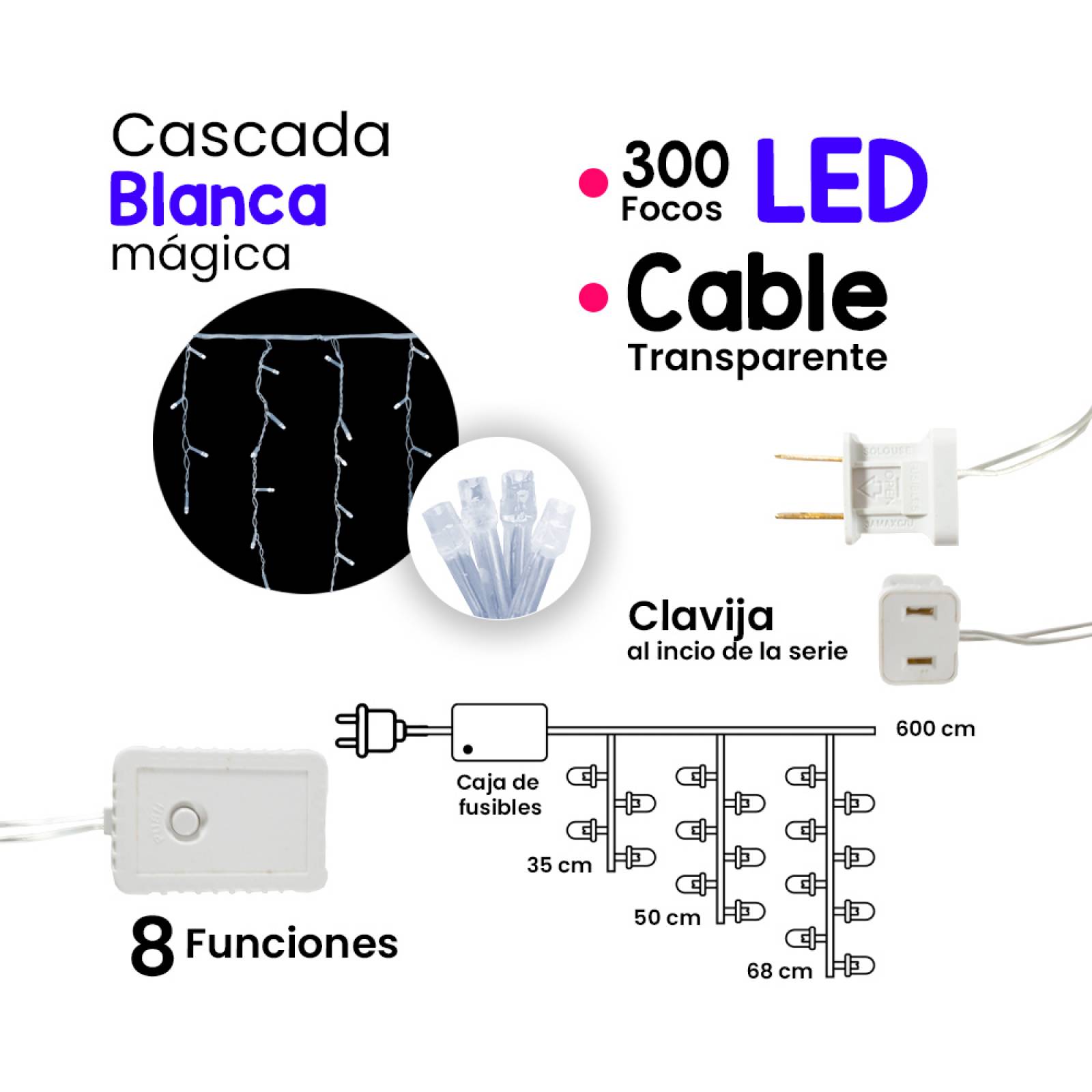 Serie Cascada Luz Blanca 300 Led 8 Funciones 6 Metros