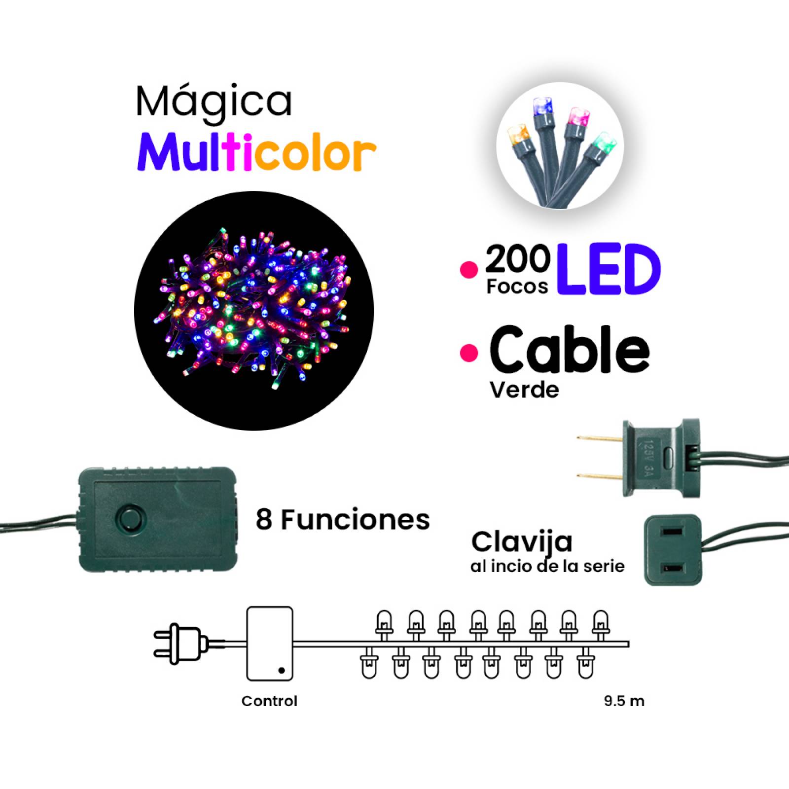 Serie De Luces 300 Led Luz Multicolor 8 Funciones 14 Mts
