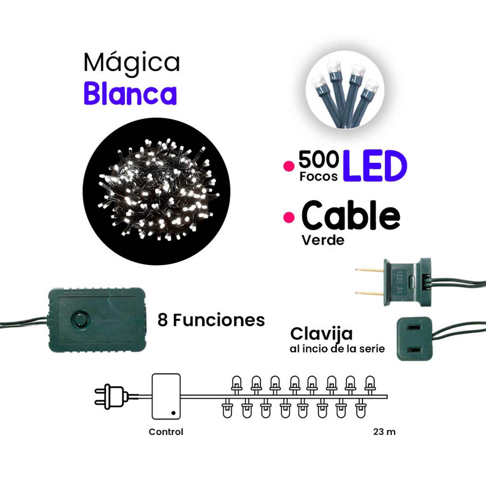 Serie De Luces Blanca Navideña 500 Luz Led 8 Funciones 23 Mt
