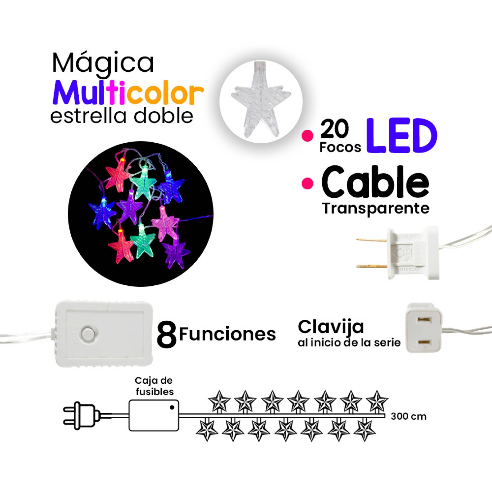 Serie De Estrellas Luz Multicolor 20 Led 8 Funciones 3 Mts