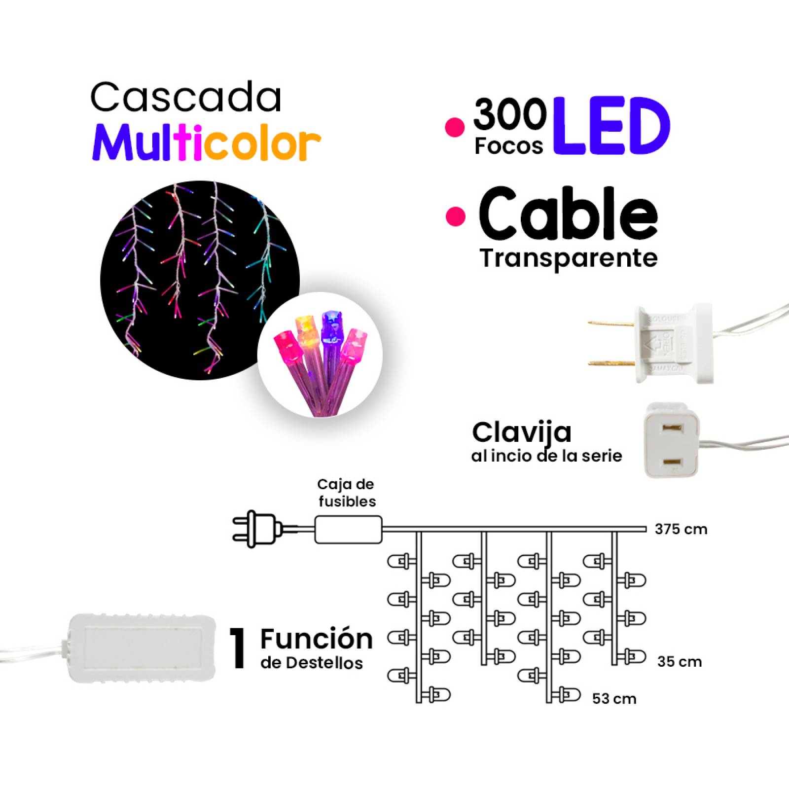 Serie Cascada Luz Multicolor 300 Led V3 Funcion Destello 3mt