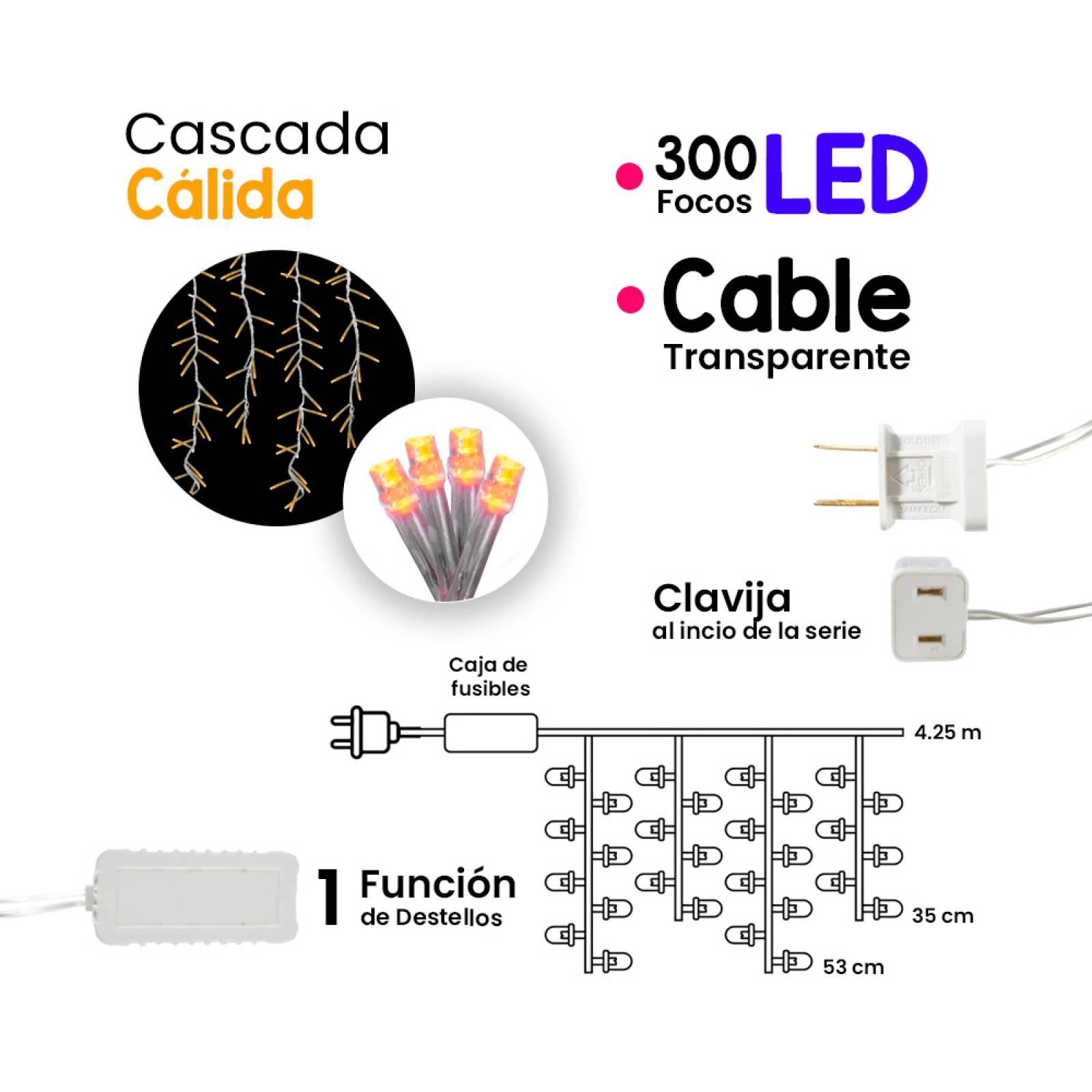 Serie Cascada Luz Calida Amarilla 300led Funcion Destello 3m