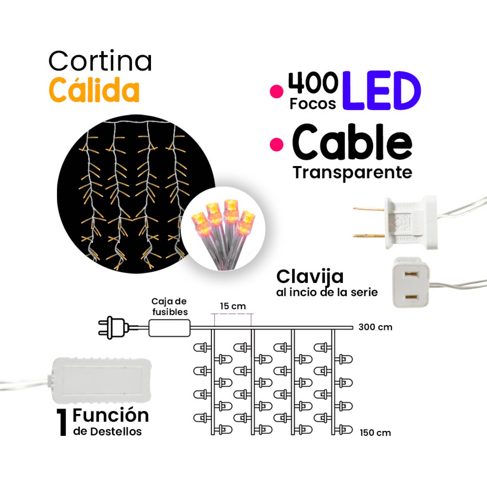 Cortina Serie De Luces 400 Led Focos Calida 3x1.5 Mts