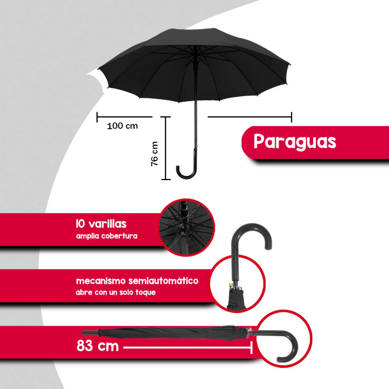 Paraguas Sombrilla De Bastón Semiautomático Liso Mango Curvo Resistente