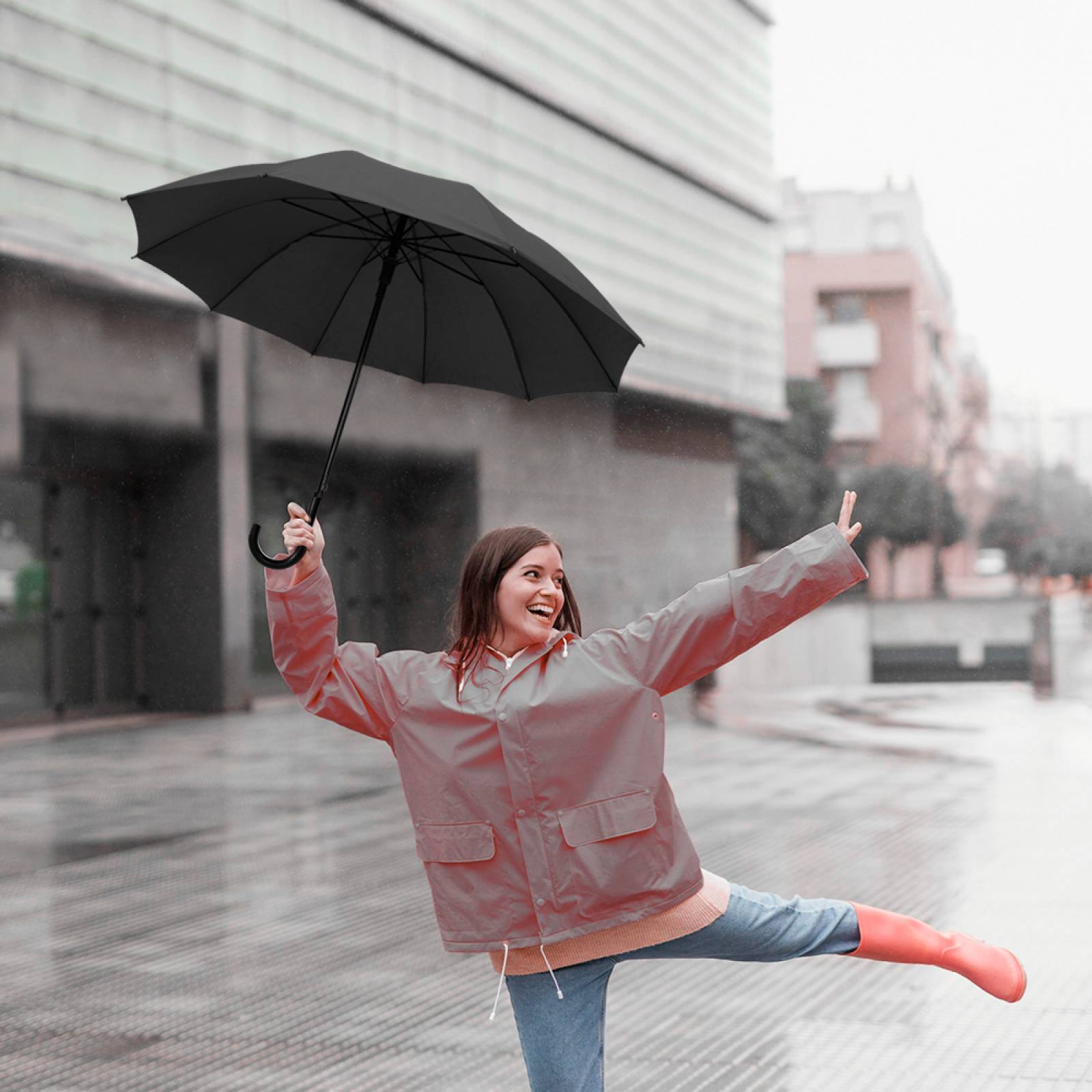 Paraguas Sombrilla De Bastón Semiautomático Liso Mango Curvo Resistente