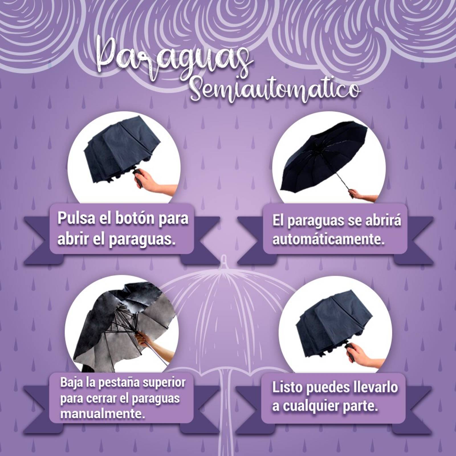 Paraguas Sombrilla De Macana Semiautomática Con Filtro UV Plata