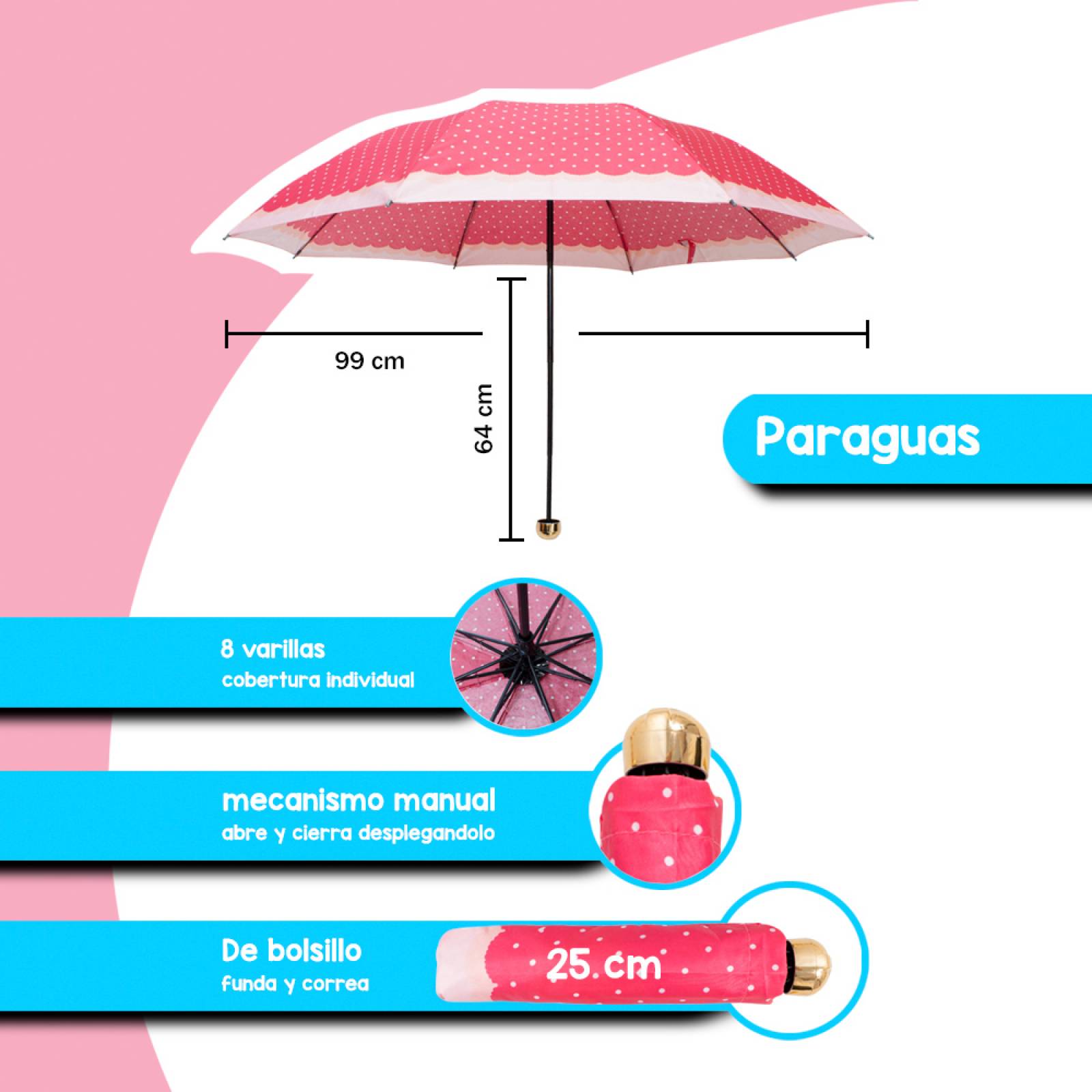 Paraguas de bolsillo Reforzado, Resistente a Vientos y Lluvias Fuertes, Mango Ergonómico y automático, con funda incluida Fácil de Transportar