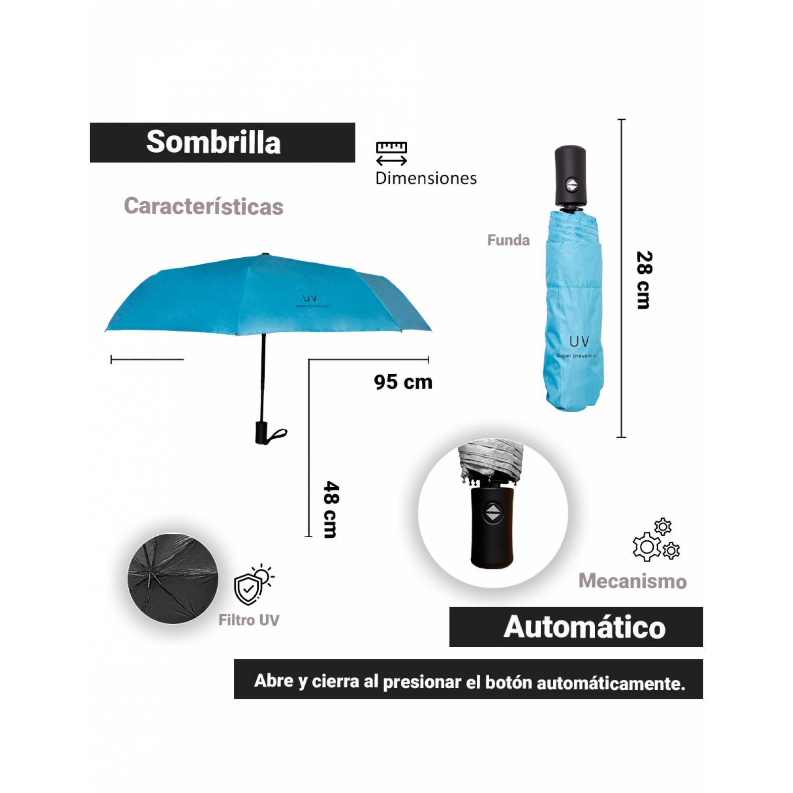 Paraguas de bolsillo Reforzado Resistente a Vientos y Lluvias Fuertes, Mango Ergonómico y automático funda incluida