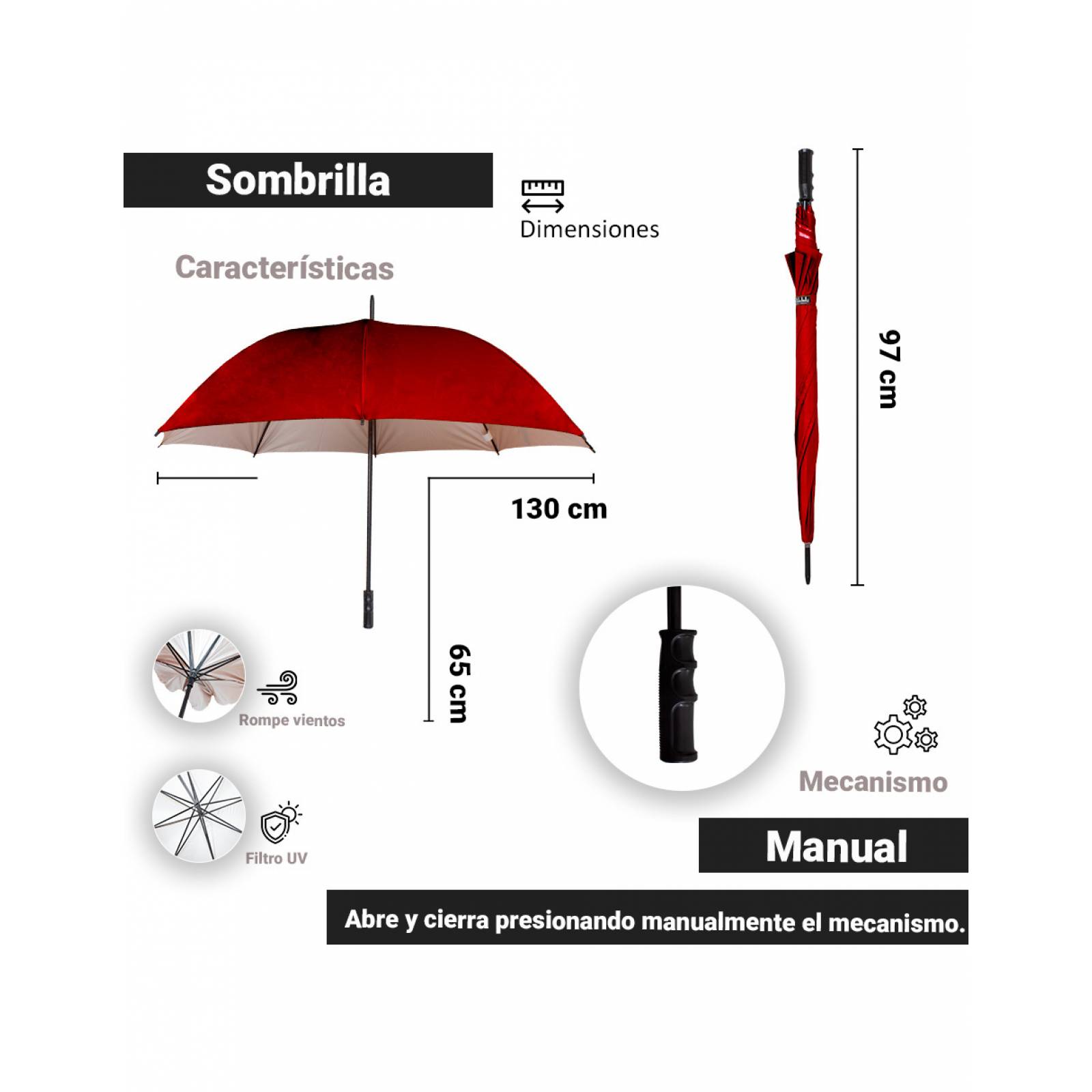 Paraguas Manual Con Filtro Solar Rompevientos 8 Varillas Mango Recto Largo y Con Filtro UV
