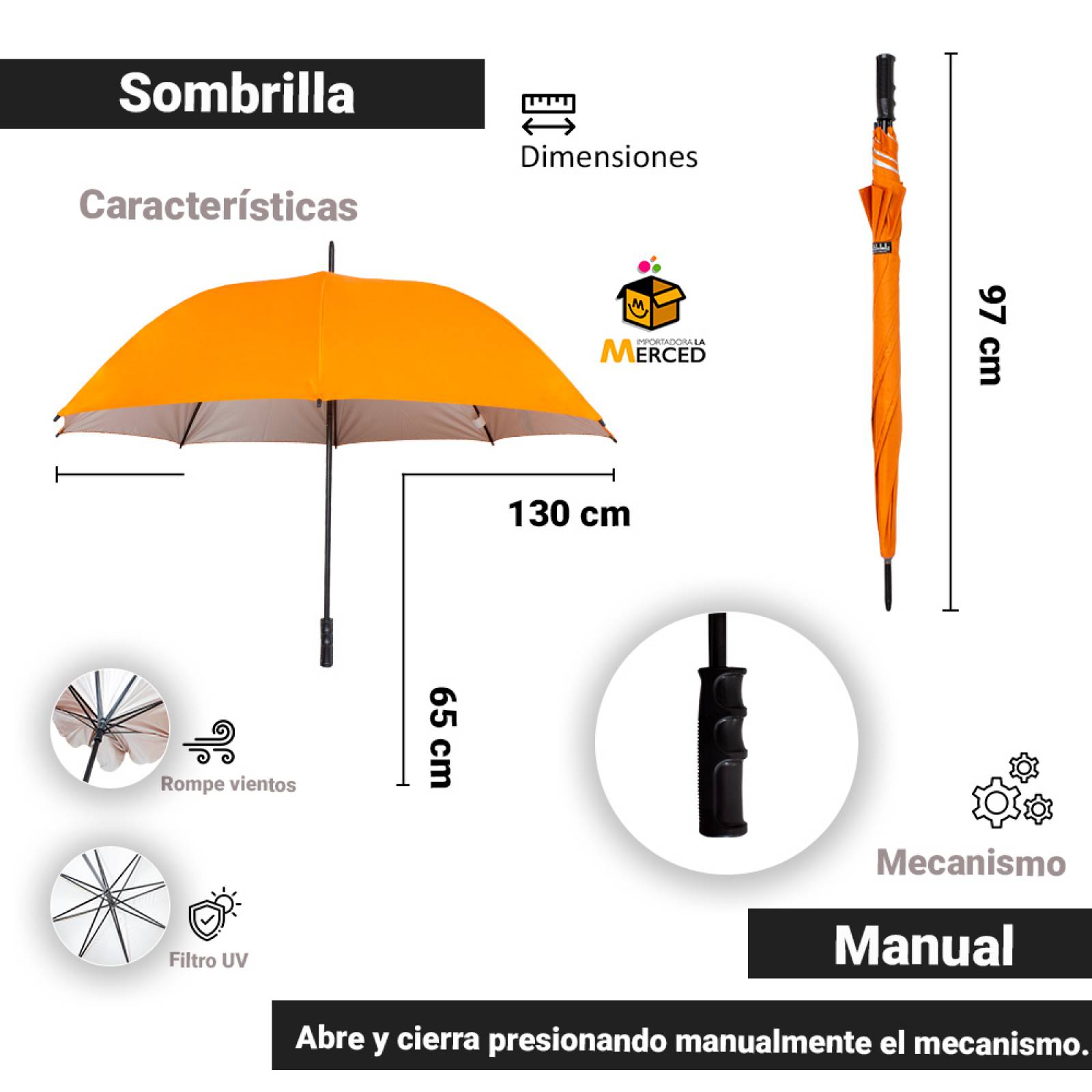 Paraguas Manual Con Filtro Solar Rompevientos 8 Varillas Mango Recto Largo y Con Filtro UV