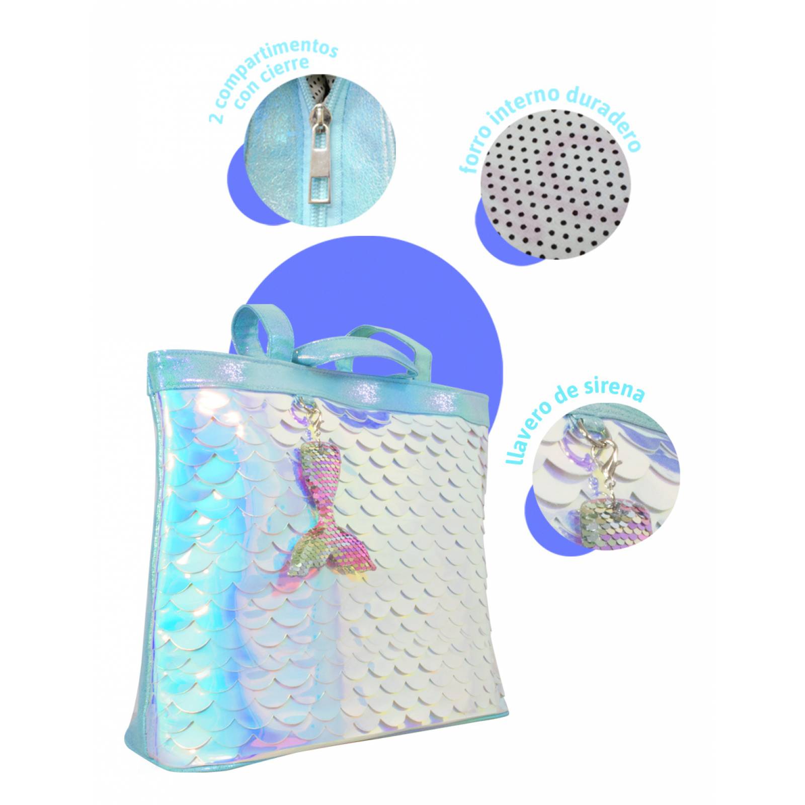 Bolso bandolera de de sirena para niñas y adolecentes y Llavero de regalo.