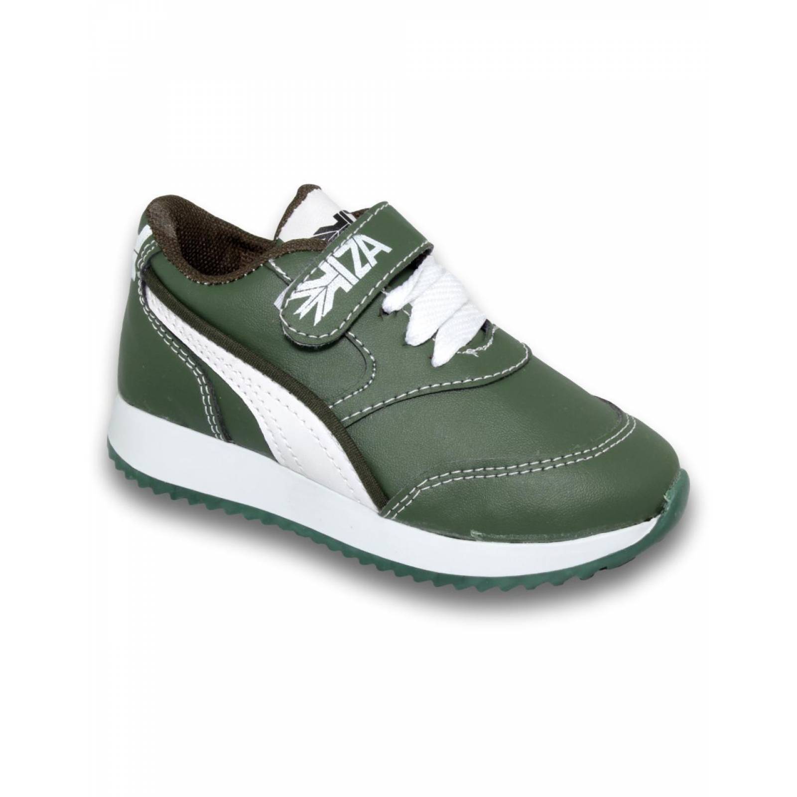 Tenis Para Niño Estilo 7001Ki17 Acabado Simipiel Color Verde Militar Blanco 