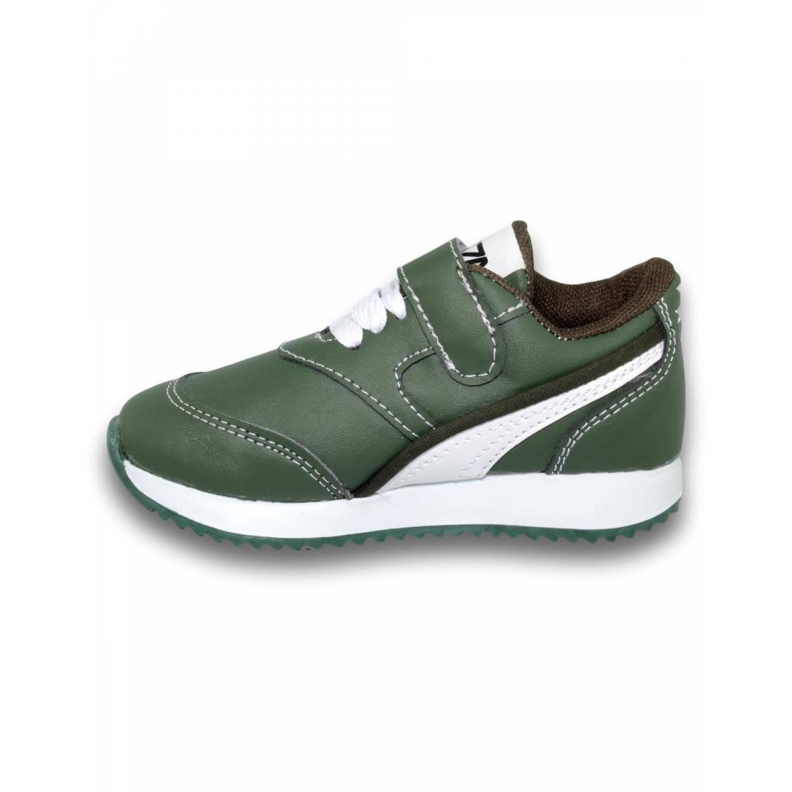 Tenis Para Niño Estilo 7001Ki17 Acabado Simipiel Color Verde Militar Blanco 
