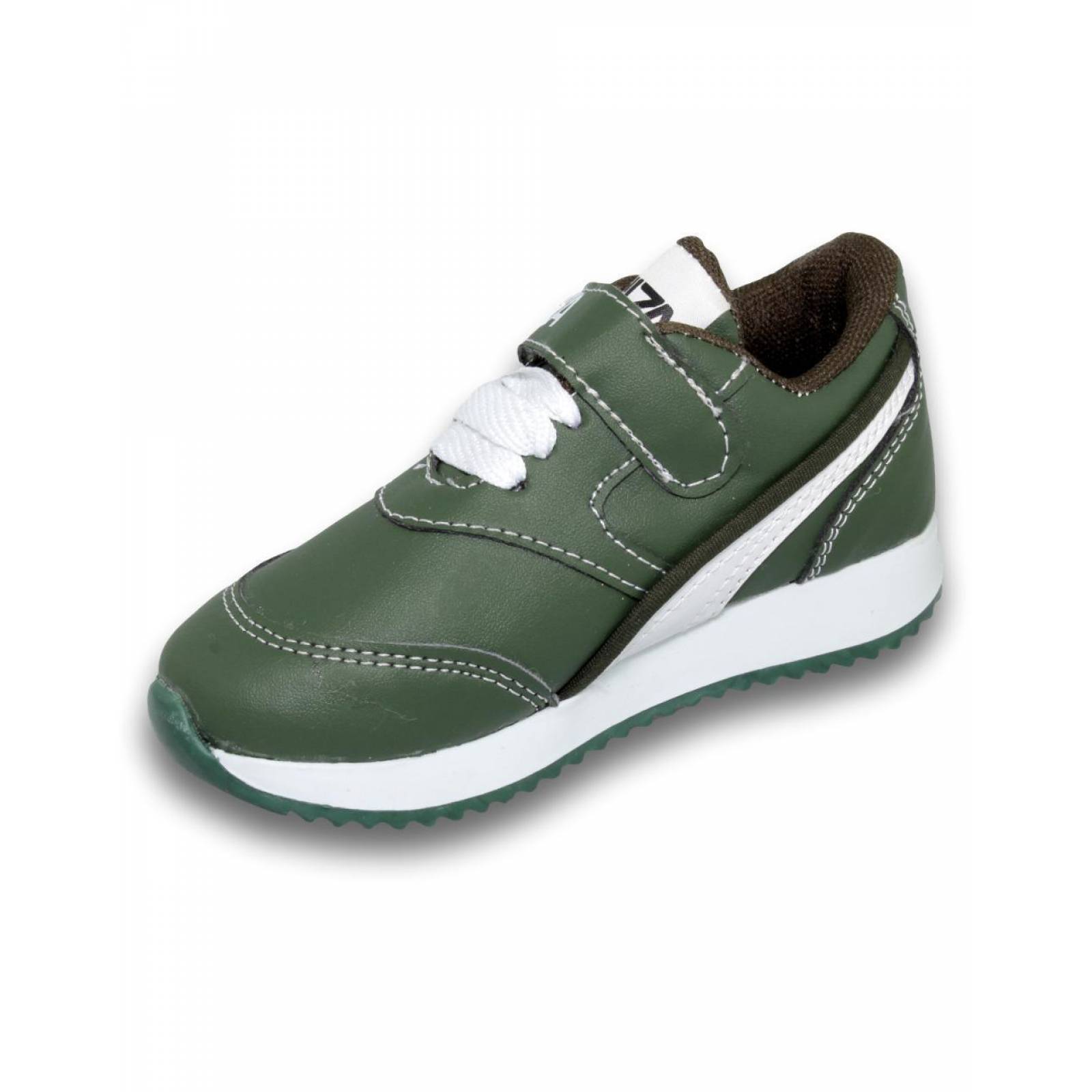 Tenis Para Niño Estilo 7001Ki17 Acabado Simipiel Color Verde Militar Blanco 