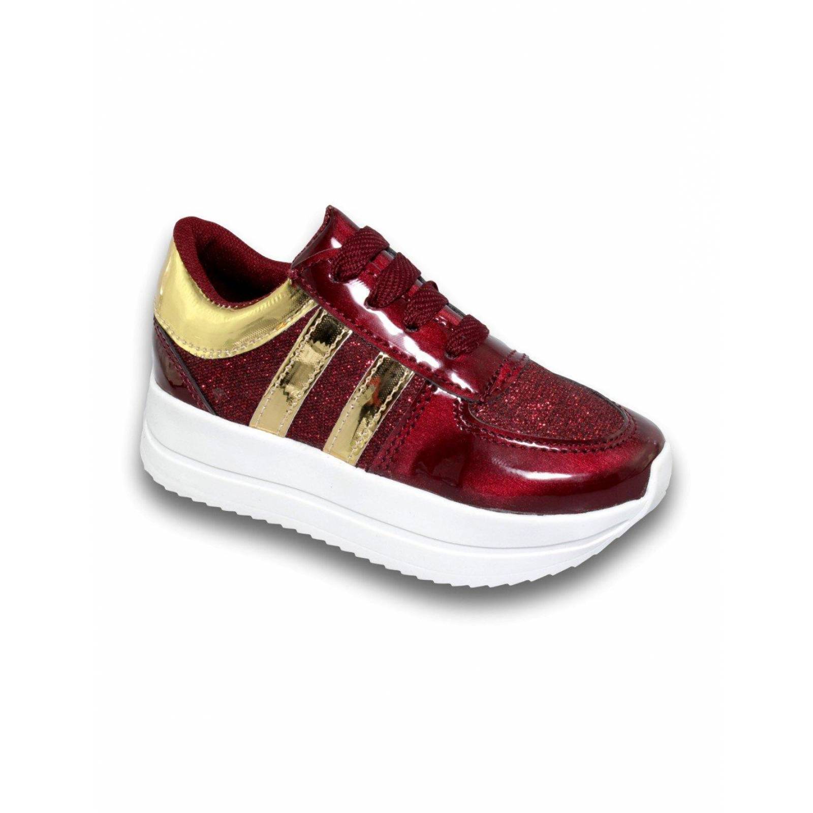 Tenis Casuales Para Niña Estilo 2429An17 Charol Color Vino Oro 
