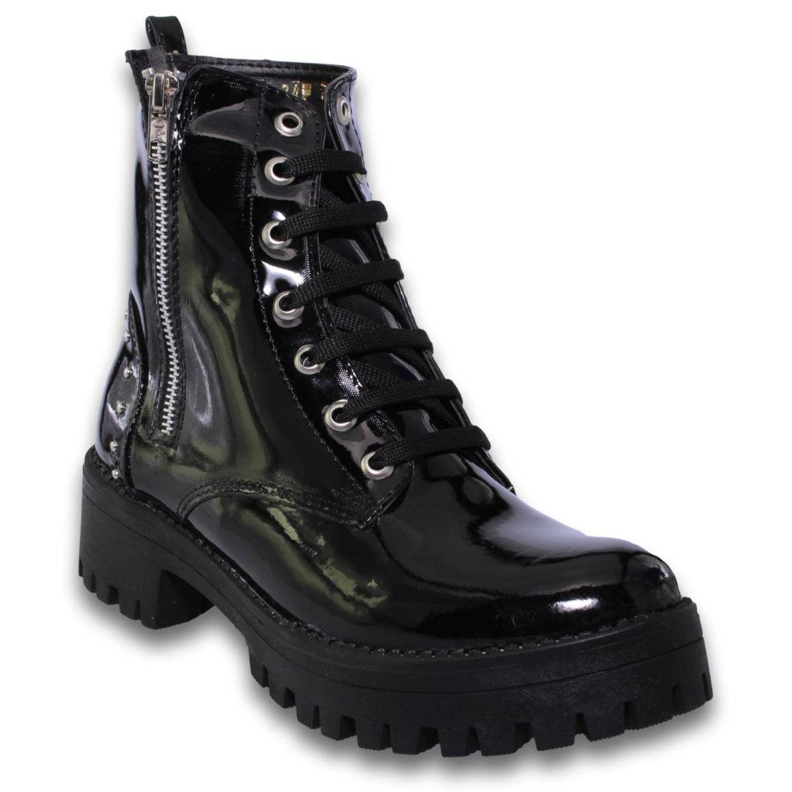 Botas Para Mujer Con Cierre Y Estoperoles Estilo 0701Mi5 Acabado Charol Color Negro 