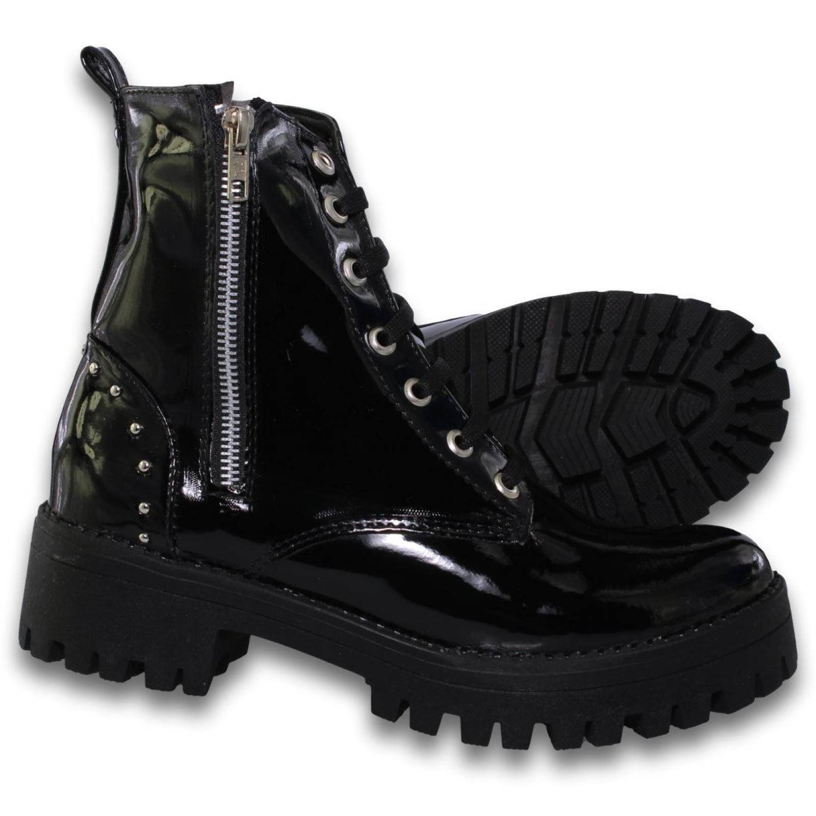 Botas Para Mujer Con Cierre Y Estoperoles Estilo 0701Mi5 Acabado Charol Color Negro 
