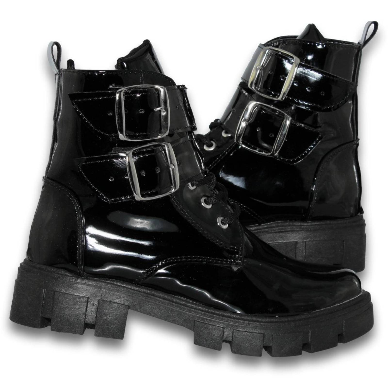 Botas Para Mujer De Moda Con Hebillas Estilo 0175Ki5 Acabado Charol Color Negro 