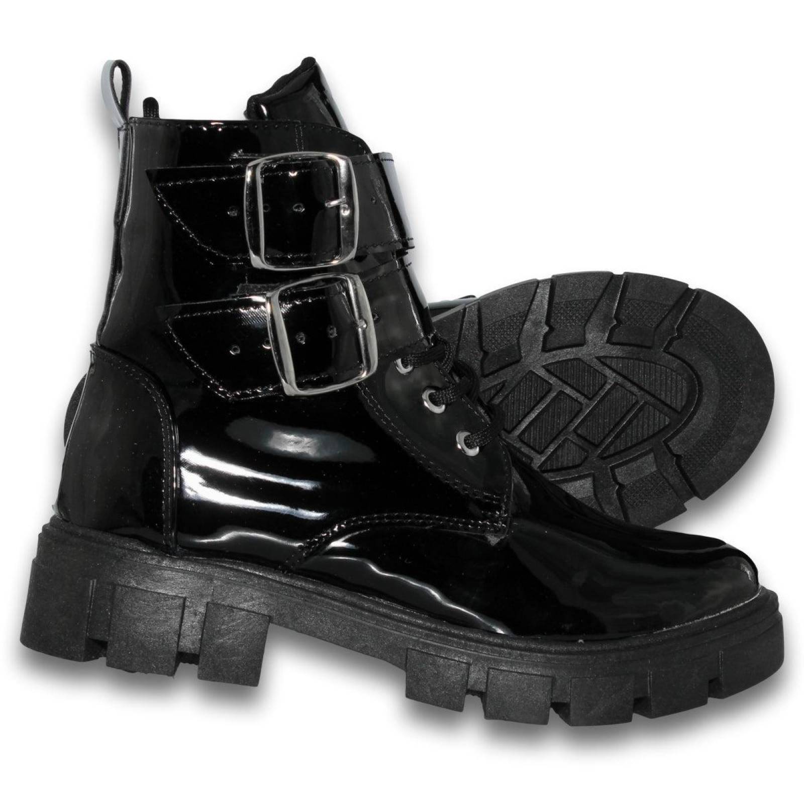 Botas Para Mujer De Moda Con Hebillas Estilo 0175Ki5 Acabado Charol Color Negro 