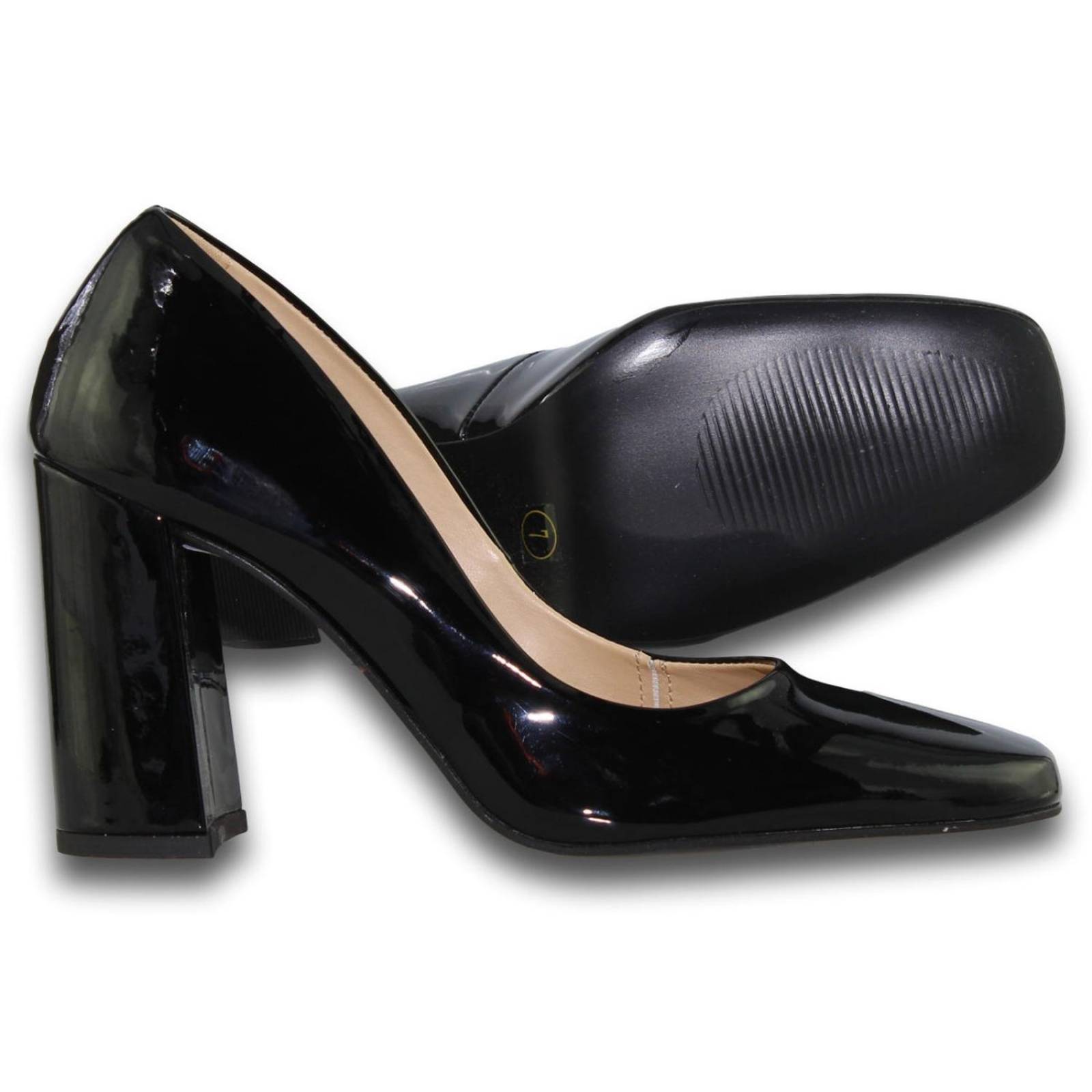 Zapatillas Para Mujer Tacon Cuadrado Estilo 0201St5 Acabado Charol Color Negro 