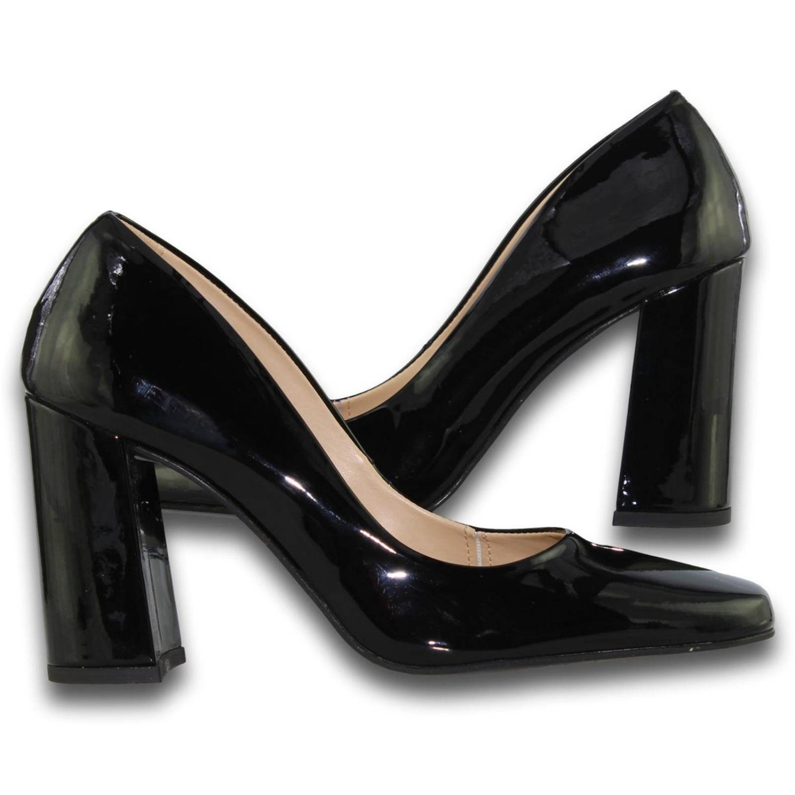 Zapatillas Para Mujer Tacon Cuadrado Estilo 0201St5 Acabado Charol Color Negro 