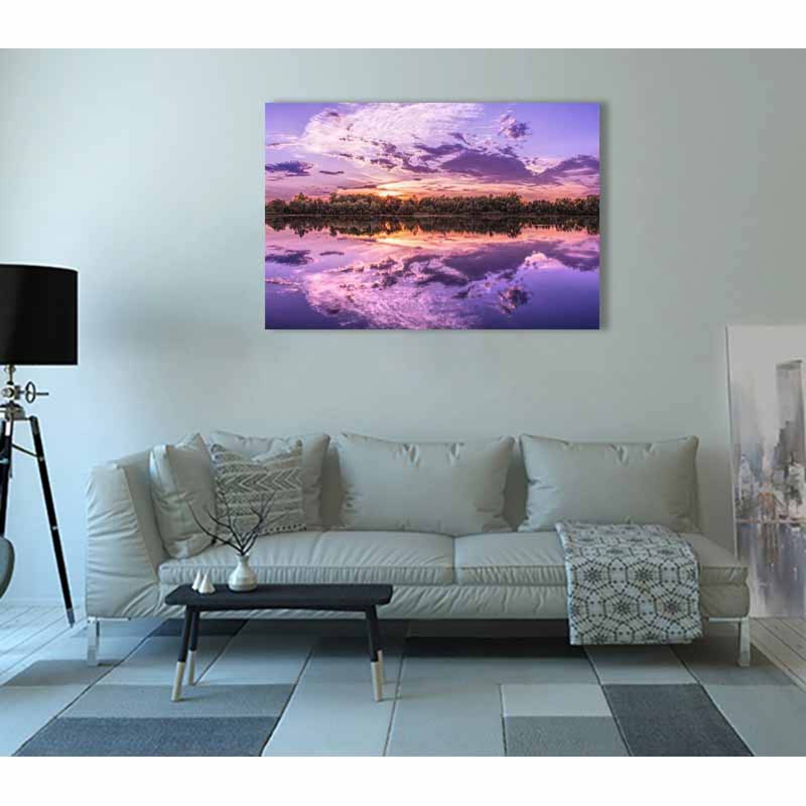 Cuadro Decorativo Canvas Paisaje de un lago al atardecer en colores lila 135 X 90 cm.