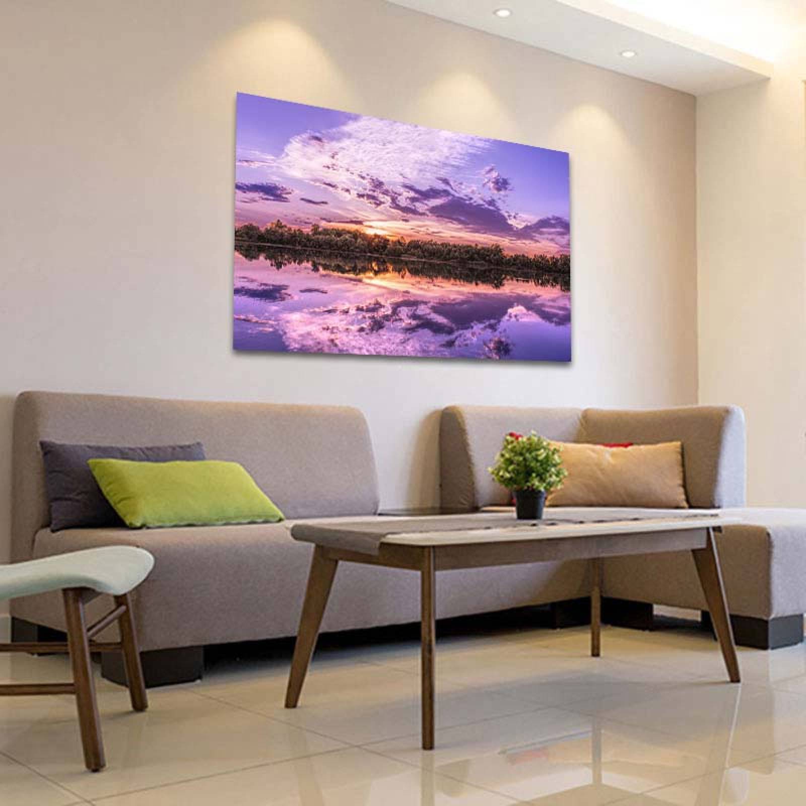 Cuadro Decorativo Canvas Paisaje de un lago al atardecer en colores lila 135 X 90 cm.