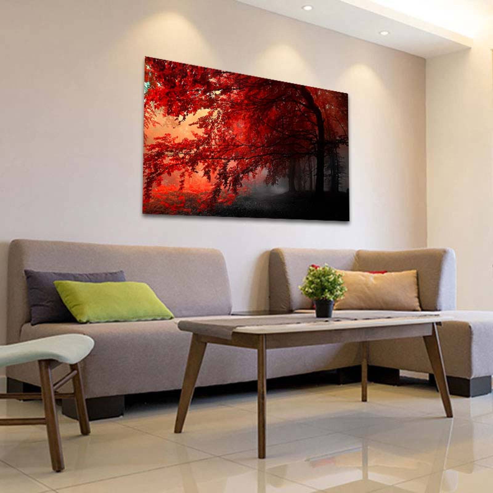 Cuadro Decorativo Canvas Paisaje de Bosque con Arboles Rojos de 120 X 80 cm