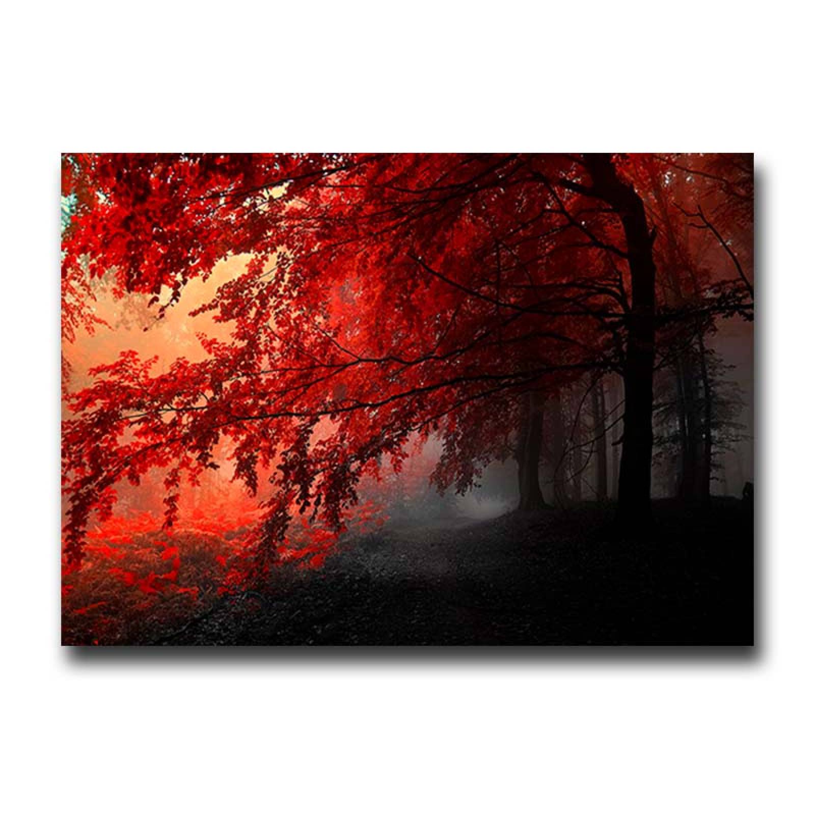 Cuadro Decorativo Canvas Paisaje de Bosque con Arboles Rojos de 120 X 80 cm