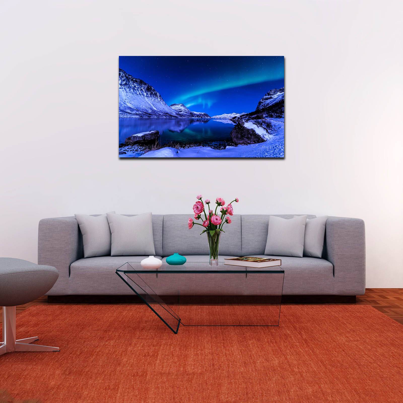 Cuadro Decorativo Canvas Paisaje de Montañas Nevadas y Aurora Boreal de 60 x 40 cm