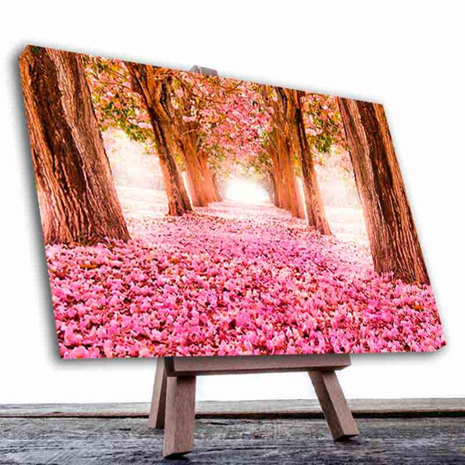 Cuadro Decorativo Canvas Paisaje de camino de pétalos rosas en el bosque de 135 X 90 cm.