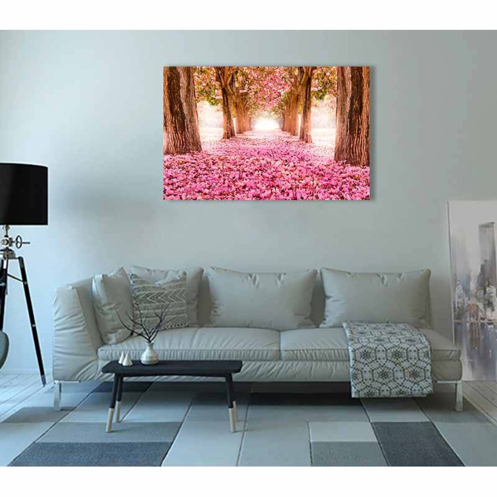 Cuadro Decorativo Canvas Paisaje de camino de pétalos rosas en el bosque de 135 X 90 cm.
